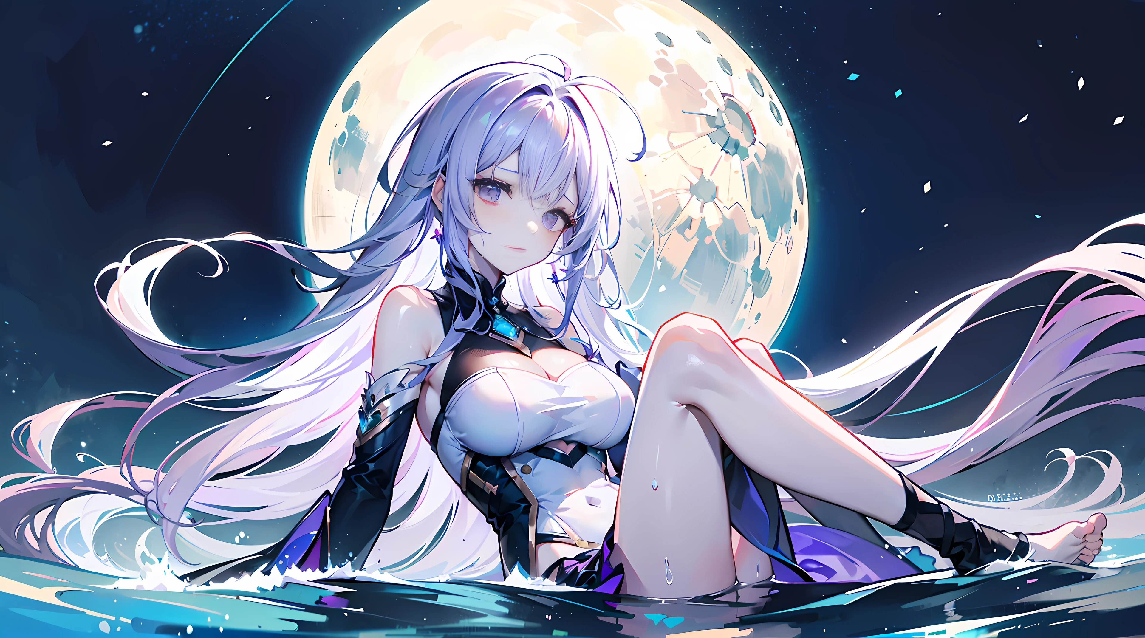 Lilac gradient hair,Asymmetrical hair,((Very voluminous hair 1.8,Hair is well-defined1.5)), hair over shoulders, Messy hair, Very long hair, Shiny hair,(Long hair:1.2),a beauty girl,Sumptuous violet mini skirt,Tall and tall,slenderness,(Looks sad,face drawn and pale,grieves,closing the mouth:1.2) Set against the backdrop of a brilliant dark starry sky,On your stomach,One hand supports his head,Round, Large, Firm breasts,Barefoot,afloat,waterface,Dignified,long leges,long leges,Perfect leg shape,full bodyesbian