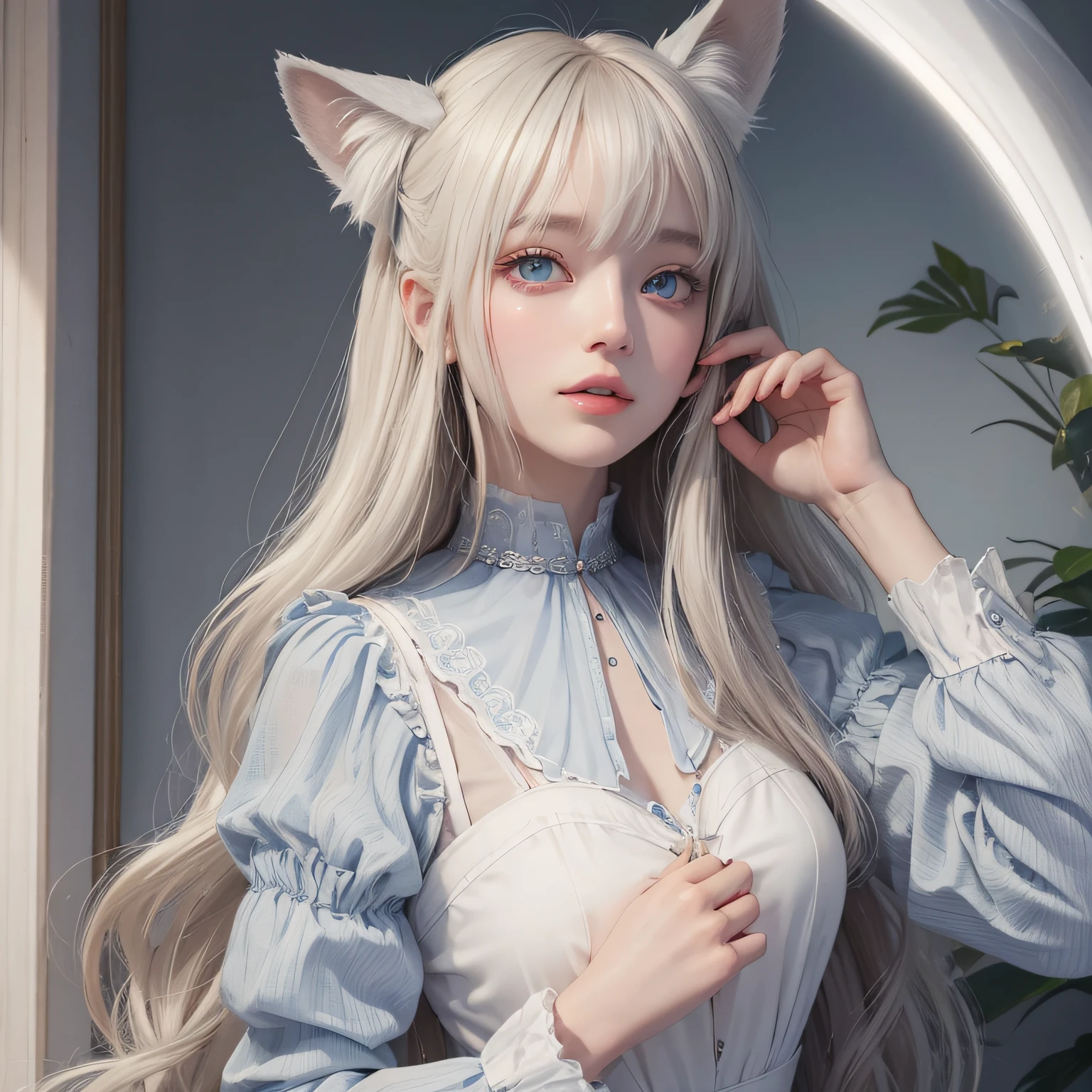 ((best qualtiy)), ((tmasterpiece)), (detail:1.4), Beautiful cyberpunk female images,hdr(HighDynamicRange),Ray traching,NVIDIA RTX,Hyper-Resolution,illusory 5,sub surface scattering,PBR textures,post-proces,Anisotropy Filtering,depth of fields,maximum definition and sharpness,Many-Layer Textures,Albedo e mapas Speculares,Surface coloring,Mitsu-Accurate simulation of material interactions,perfectly proportioned,rendering by octane,Two-colored light,largeaperture,Low ISO,White balance,Rule three points、8K raw data、Beautiful bright blue pupils,off-the-shoulder clothes,Fine pupils,Delicate face and eyes,long eyelasher,Blushlush,Delicate and fluffy hair,pink lip,Pure,Cute face,Sweet girl,Artistic sense,Casual wear,Advancedsense,butterflys,Cherry blossom petal,Beautiful hair accessories,Long hair and waist,Hair fluttering in the wind,Snow-white fox ears,curlies,Snow-white fluffy tail,Positive light,The light from the back window is backlighted