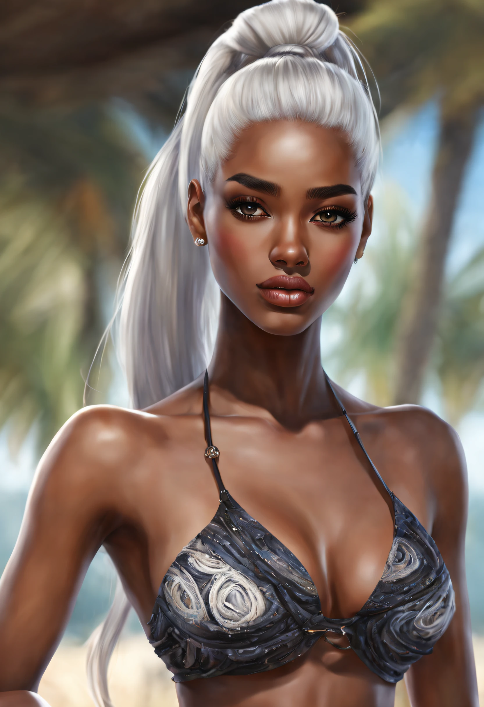 Realistic, 8k, 1girl, long white black ponytail hair, african, heterochromic eyes, moles under the eyes, thick eyebrows, bikini,...