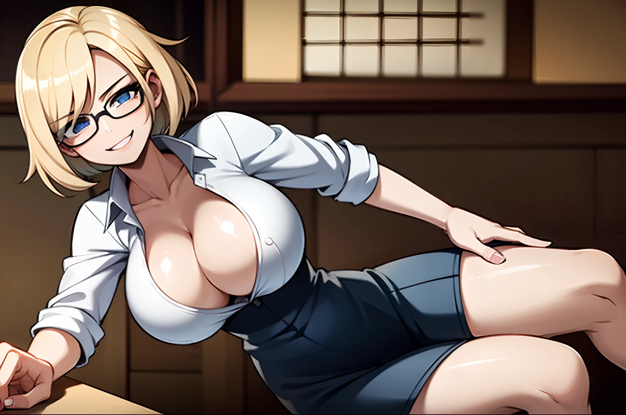 Young girl, milf, bob haircut, blond hair, blue eyes, with glasses, in a library, librarian, white button-down shirt, milf, big breasts, sensual smile, ahegao, looking at viewer, sensual face, sitting on a chair, 4k