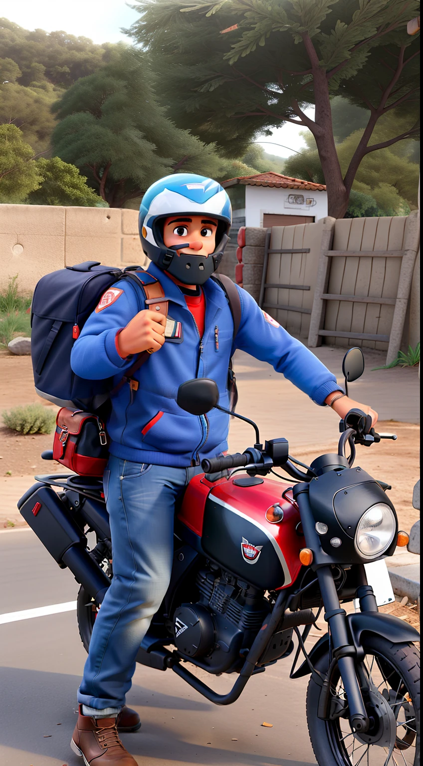 HOMEM JOVEM EM UMA MOTO VERMELHA COM MOCHILA NAS COSTAS