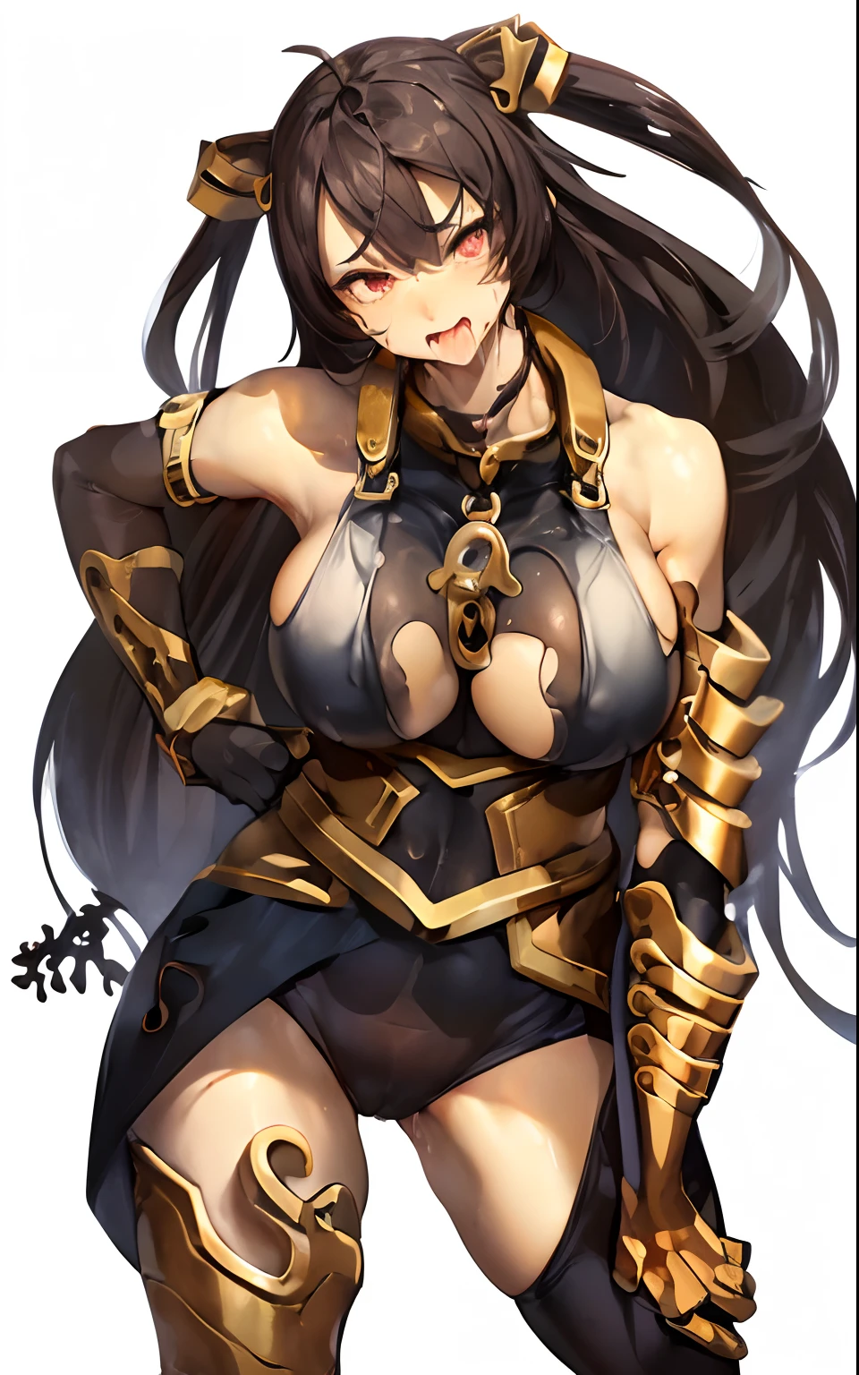 (((bare arms))), (((heavy Sweating))), (((covered in sweat))), (((gigantic breasts))), (((defined breasts))), (((wet breasts))), (((breasts dripping wet))), (((full body))), (((spread legs))), (((aroused face))), (((ahoge))), (((swaying breasts))), (((red eyes))), (((thick leather dog collar))), (((saliva dripping from chin))), (((panting))), (((leaning back))), (((raised hips))), ((tongue out)), (((saliva dripping from tongue))), ((fluid dripping from crotch)), ((wide glistening eyes)), ((trembling)), (((white tank top))), (((spread arms))), (((screaming)))