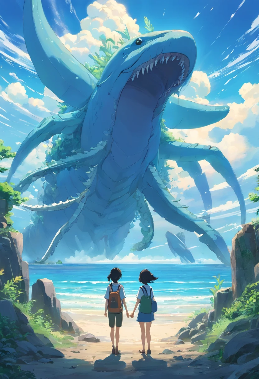 Giant sea creatures,Stand on the skeleton of a sea beast,Overlooking the distance,The distant archipelago is scattered,There are ruins on the island,The sky is cloudy,There is thunder in the sky,ancient ruins background,Behemoth skeletons,Bird's eye view,top-quality,8K