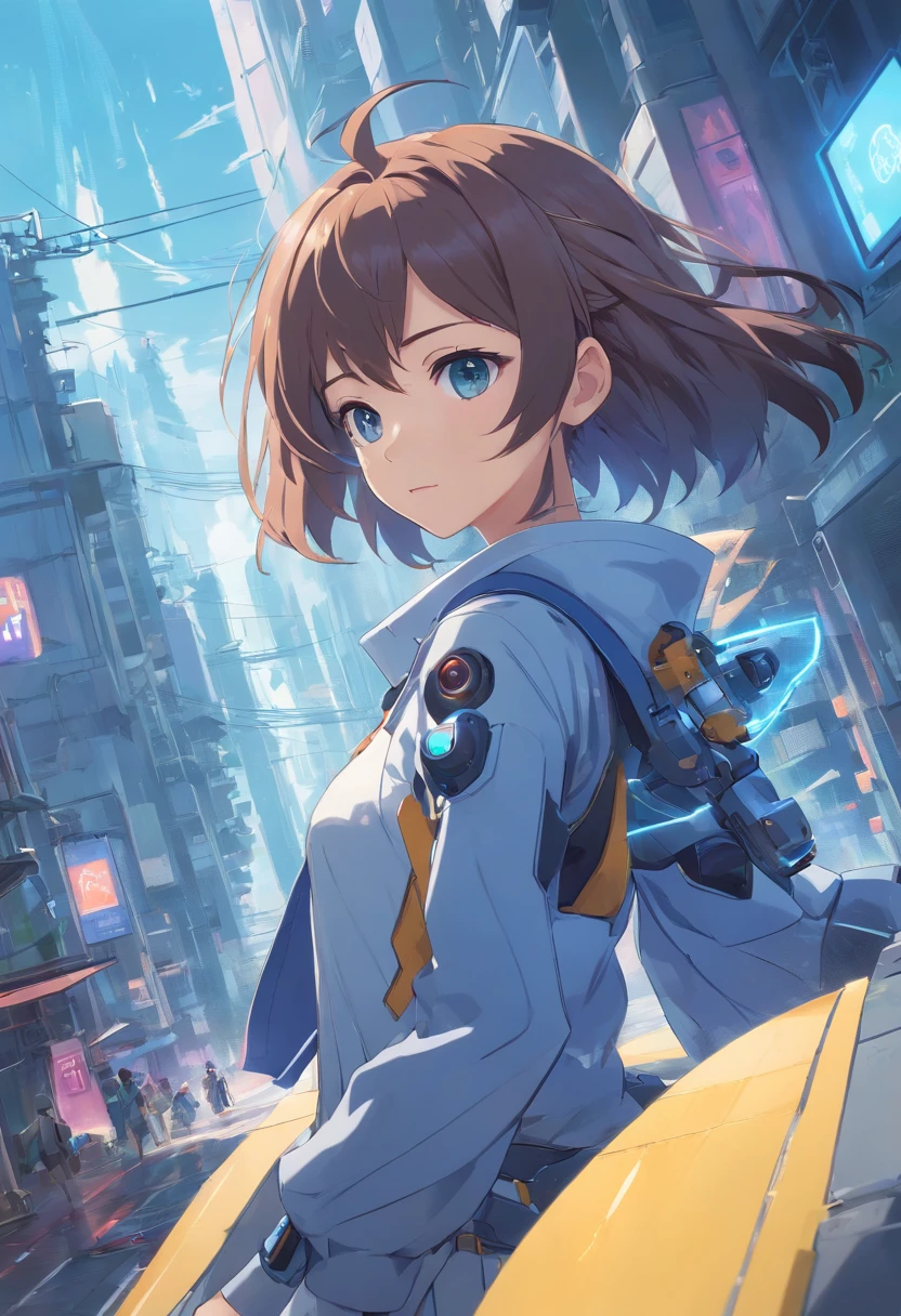The best quality, high resolution, detailed 4k CG, masterpiece, amazing art, fine details, high details, complex details, blue long hair, girly feeling, big eyes, pure desire, lovely, young and beautiful, immortal，Flying ,, light and shadow, light，Gorgeous clothes，sea，Cyberpunk, mecha girl, mechanical body