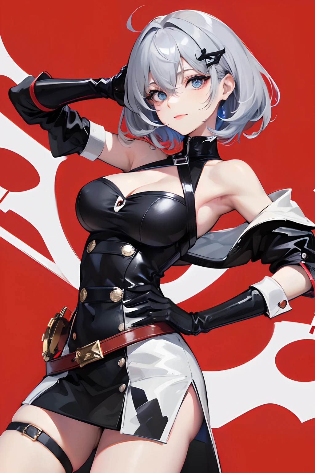 ultra-detailed,(best quality),((masterpiece)),(highres),original,extremely, 1girl, solo, blue eyes, gloves, multicolored hair, breasts, red hair, simple background, smile, looking at viewer, dress, streaked hair, hand on hip, cleavage, short hair, hair between eyes, black gloves, bangs, hair ornament, clothing cutout, bare shoulders, grey hair, two-tone hair,closed mouth, double-breasted, elbow gloves, medium breasts, buttons, black dress, belt,