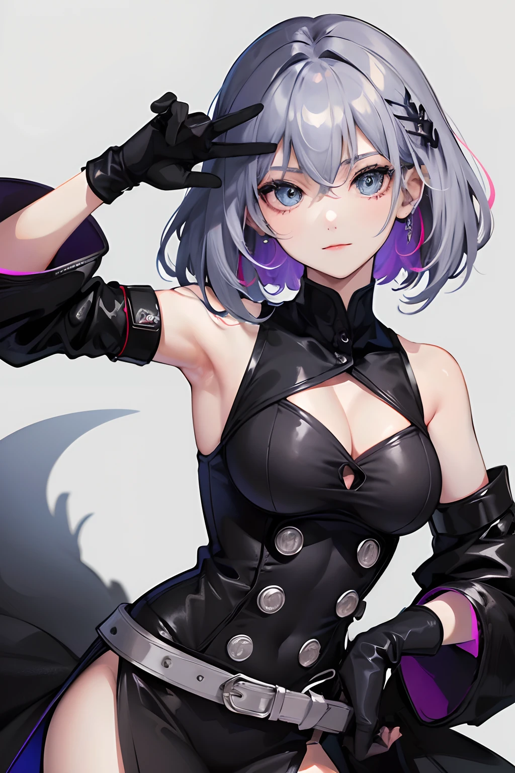 ultra-detailed,(best quality),((masterpiece)),(highres),original,extremely,  1girl, solo, blue eyes, gloves, multicolored hair, breasts, red hair, simple background, smile, looking at viewer, dress, streaked hair, hand on hip, cleavage, short hair, hair between eyes, black gloves, bangs, hair ornament, clothing cutout, bare shoulders, grey hair, two-tone hair,closed mouth, double-breasted, elbow gloves, medium breasts, buttons, black dress, belt,