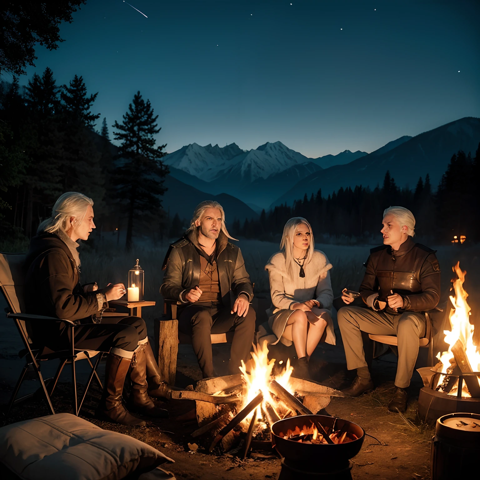 A white-haired witcher and his four companions sit next to a campfire