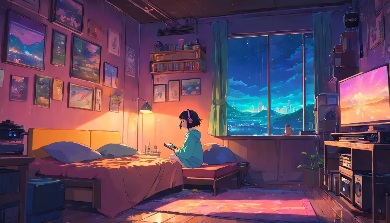Menina, cabelo marrom, olhos pretos, pele parda, 12-year-old child, vestindo um pijama rosa no shopping European hippie girl meditating in her room, Dreaming, Wear headphones, night lights, Neon landscape on a rainy day, Analog Color Theme, Lo-Fi Hip Hop , Retrospective, Flat, 2.5D ,Draw a line, Ink drawing, Large gradient, Watercolor painting, Goosch color, Studio Ghibli style, Awesome colorful, Outer Ton, Krautlock, lofi art, 70s style,Old textures, amplitude,Psychedelic atmosphere, masutepiece, Incredible technology,Girl listening to music in cozy room at night, Use headphones, 2D style anime, lo fi, hard disk, dark environment