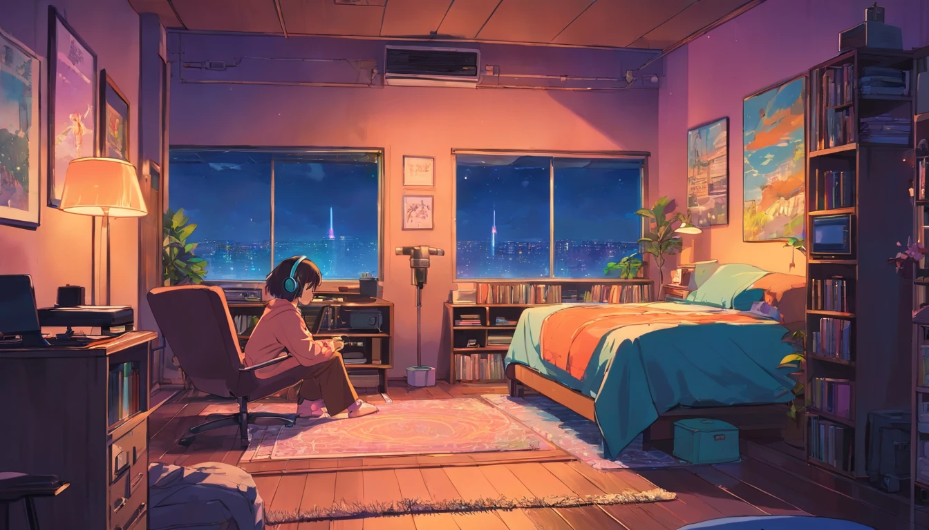 Menina, cabelo marrom, olhos pretos, pele parda, 12-year-old child, vestindo um pijama rosa no shopping European hippie girl meditating in her room, Dreaming, Wear headphones, night lights, Neon landscape on a rainy day, Analog Color Theme, Lo-Fi Hip Hop , Retrospective, Flat, 2.5D ,Draw a line, Ink drawing, Large gradient, Watercolor painting, Goosch color, Studio Ghibli style, Awesome colorful, Outer Ton, Krautlock, lofi art, 70s style,Old textures, amplitude,Psychedelic atmosphere, masutepiece, Incredible technology,Girl listening to music in cozy room at night, Use headphones, 2D style anime, lo fi, hard disk, dark environment