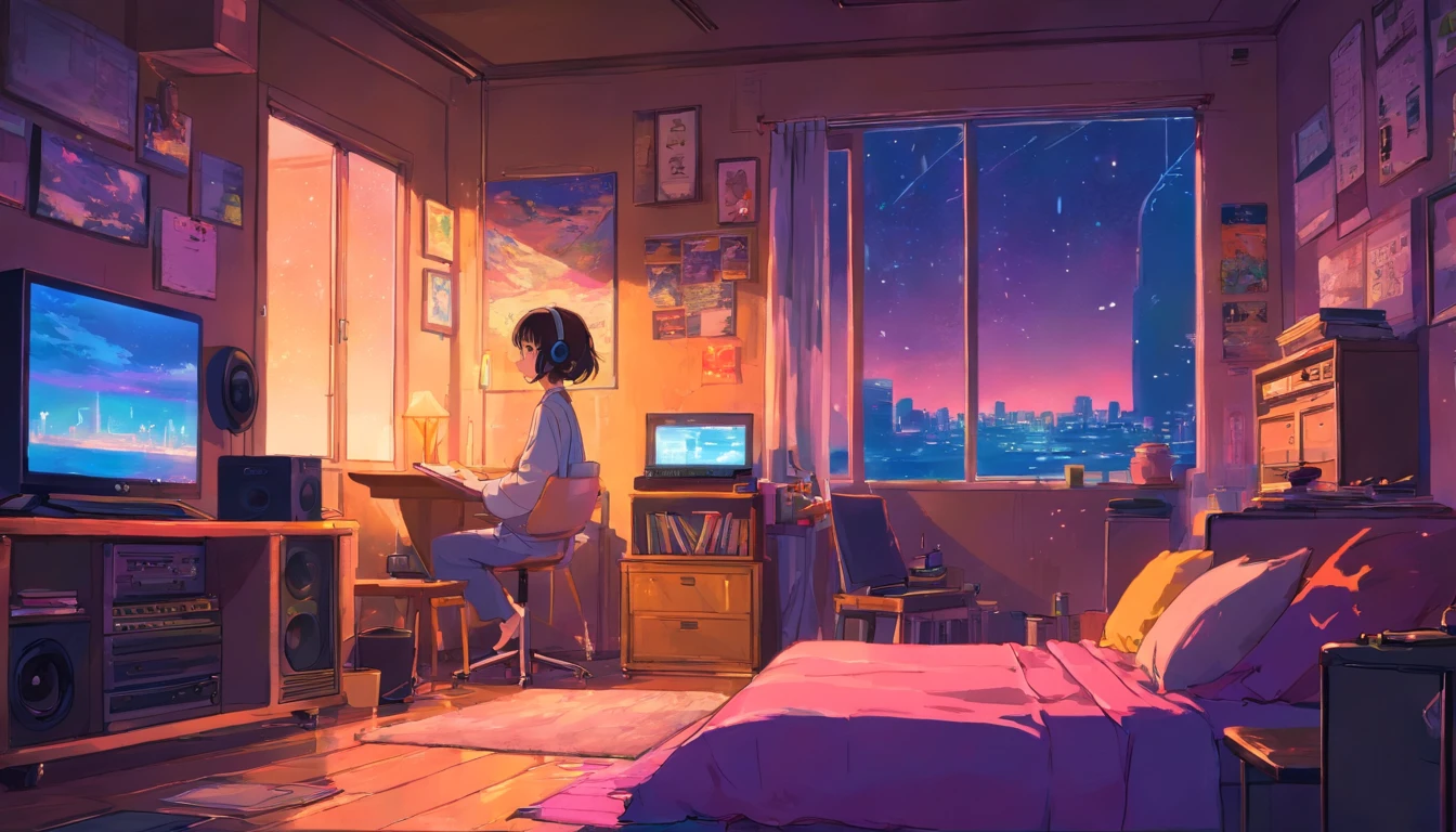 Menina, cabelo marrom, olhos pretos, pele parda, 12-year-old child, vestindo um pijama rosa no shopping European hippie girl meditating in her room, Dreaming, Wear headphones, night lights, Neon landscape on a rainy day, Analog Color Theme, Lo-Fi Hip Hop , Retrospective, Flat, 2.5D ,Draw a line, Ink drawing, Large gradient, Watercolor painting, Goosch color, Studio Ghibli style, Awesome colorful, Outer Ton, Krautlock, lofi art, 70s style,Old textures, amplitude,Psychedelic atmosphere, masutepiece, Incredible technology,Girl listening to music in cozy room at night, Use headphones, 2D style anime, lo fi, hard disk, dark environment