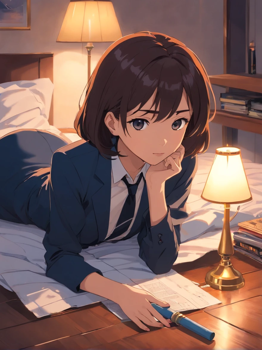 Woman lying in bed, Next to the lamp, on the floor on all fours,『Pulp Fiction 1994』, dramatic smoking pose, Smoke paper cigars, Hold a paper cigar, wearing a black blazer, white button-down blouse, Black pants, black necktie, Smoke and fog, Cinematic, Looking at the camera