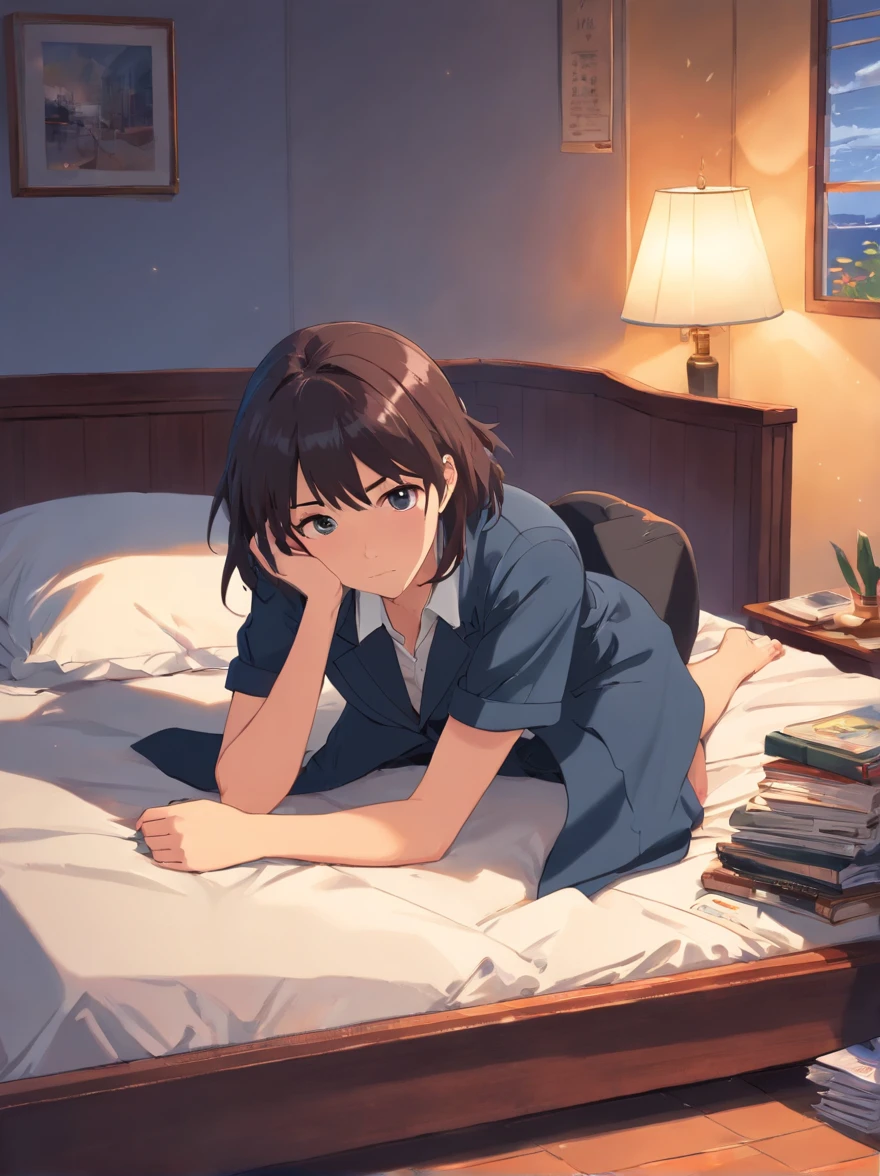 Woman lying in bed, Next to the lamp, on the floor on all fours,『Pulp Fiction 1994』, dramatic smoking pose, Smoke paper cigars, Hold a paper cigar, wearing a black blazer, white button-down blouse, Black pants, black necktie, Smoke and fog, Cinematic, Looking at the camera