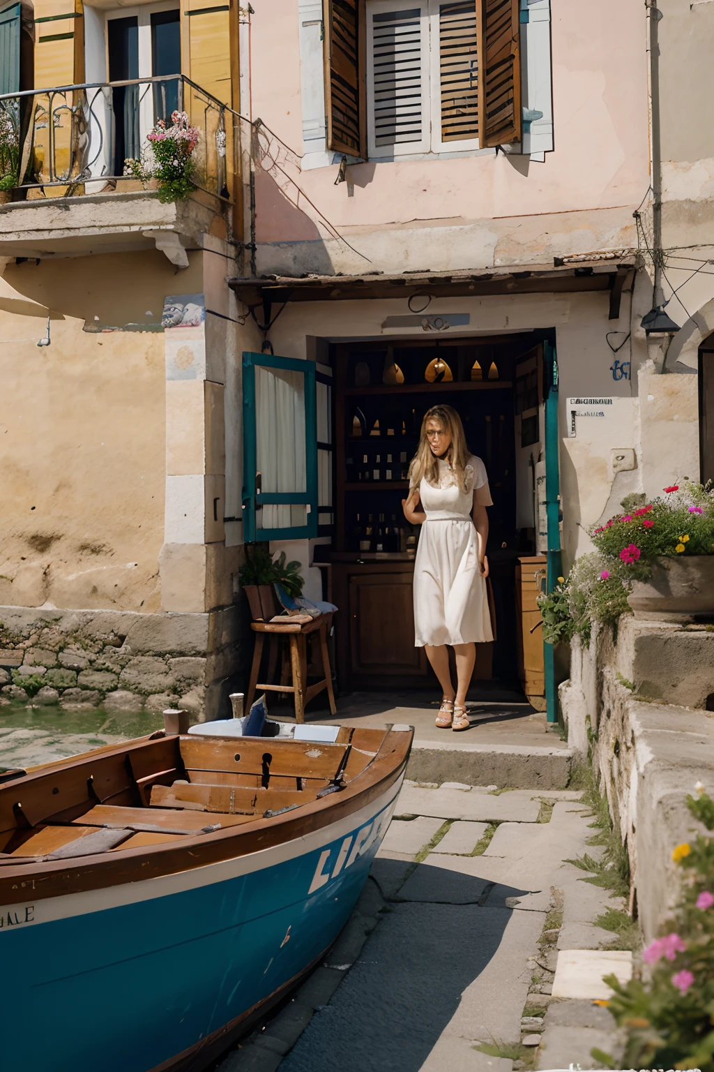 Noli, a small village in Liguria, pebble beach, typical colored houses, flowers in the windows, small bar with people sitting in front of a bottle of wine. a beautiful blonde girl walks on the seashore, the fishermen drag the boat out of the sea.