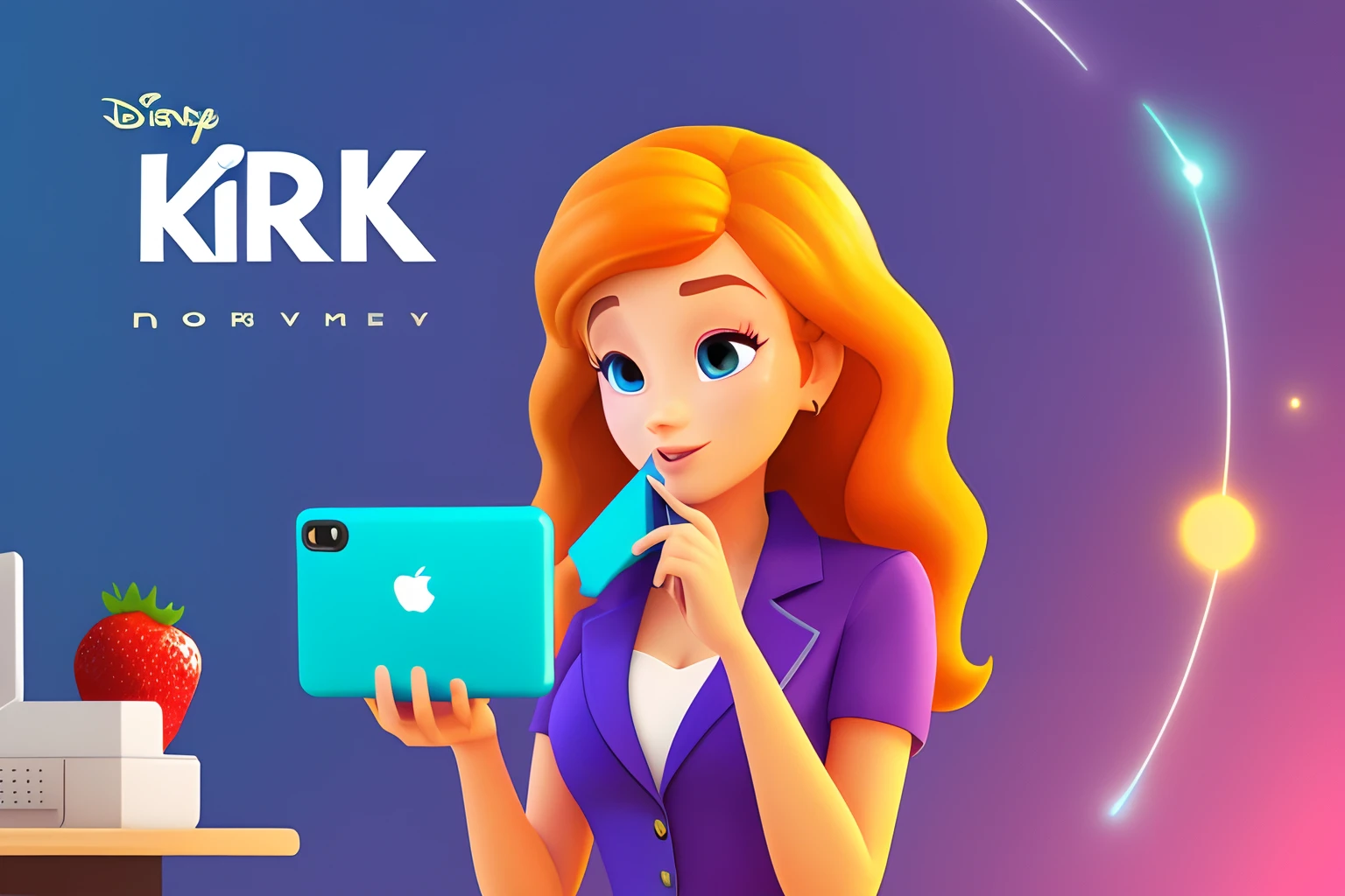 3D Disney Pixar-inspired movie Poster with title
"MARKETING K" with a 30 year old MID SIZE white woman with brown eyes, strawberry blonde long and wavy hair. She is dressed in purple and pink blazer dress, with her smartphone and computer" The scene is digital art Pixar with a focus on character expressions, vibrant colors and detailed texture the title (KARIELY) and the Disney Pixar logo. Background with social media logos flying around.