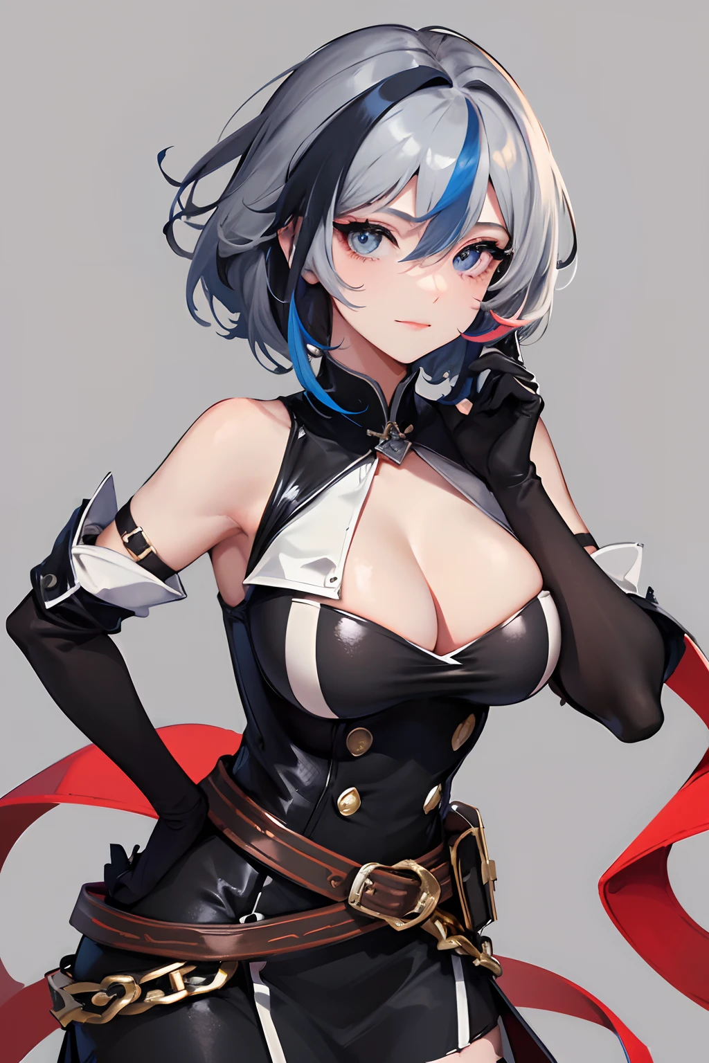 ultra-detailed,(best quality),((masterpiece)),(highres),original,extremely, 1girl, solo, blue eyes, gloves, multicolored hair, breasts, red hair, simple background, smile, looking at viewer, dress, streaked hair, hand on hip, cleavage, short hair, hair between eyes, black gloves, bangs, hair ornament, clothing cutout, bare shoulders, grey hair, two-tone hair,closed mouth, double-breasted, elbow gloves, medium breasts, buttons, black dress, belt,