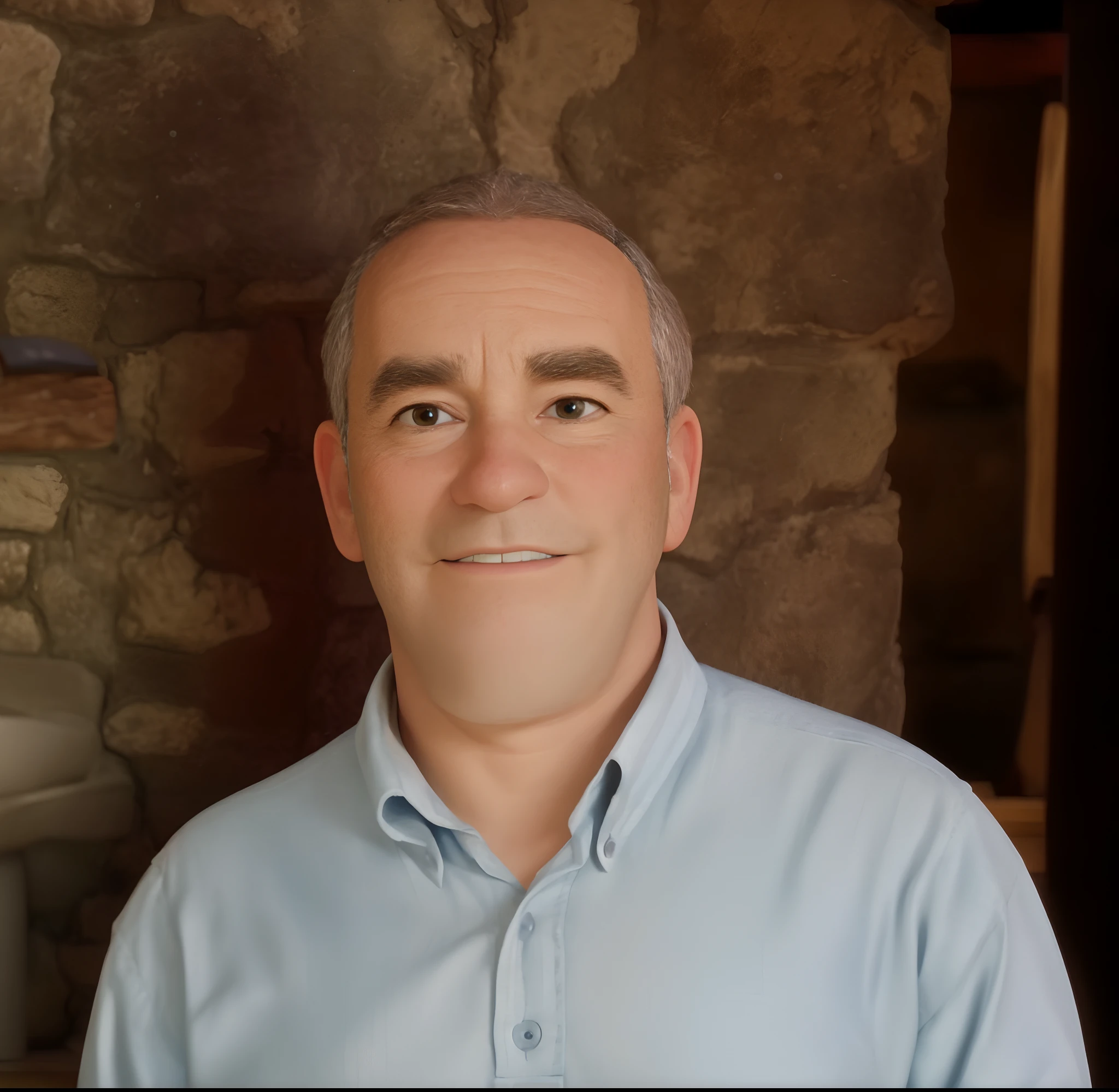 "Generate an image of a middle-aged man with a friendly demeanor, capturing his gentle smile and calm gaze. He should have short hair, a clean-shaven face, and a slight double chin, giving him a kind and approachable appearance. The man is wearing a casual button-up shirt. Please render the image in the vibrant, polished 3D animation style characteristic of Disney Pixar, with a softening of facial features to match their iconic aesthetic."