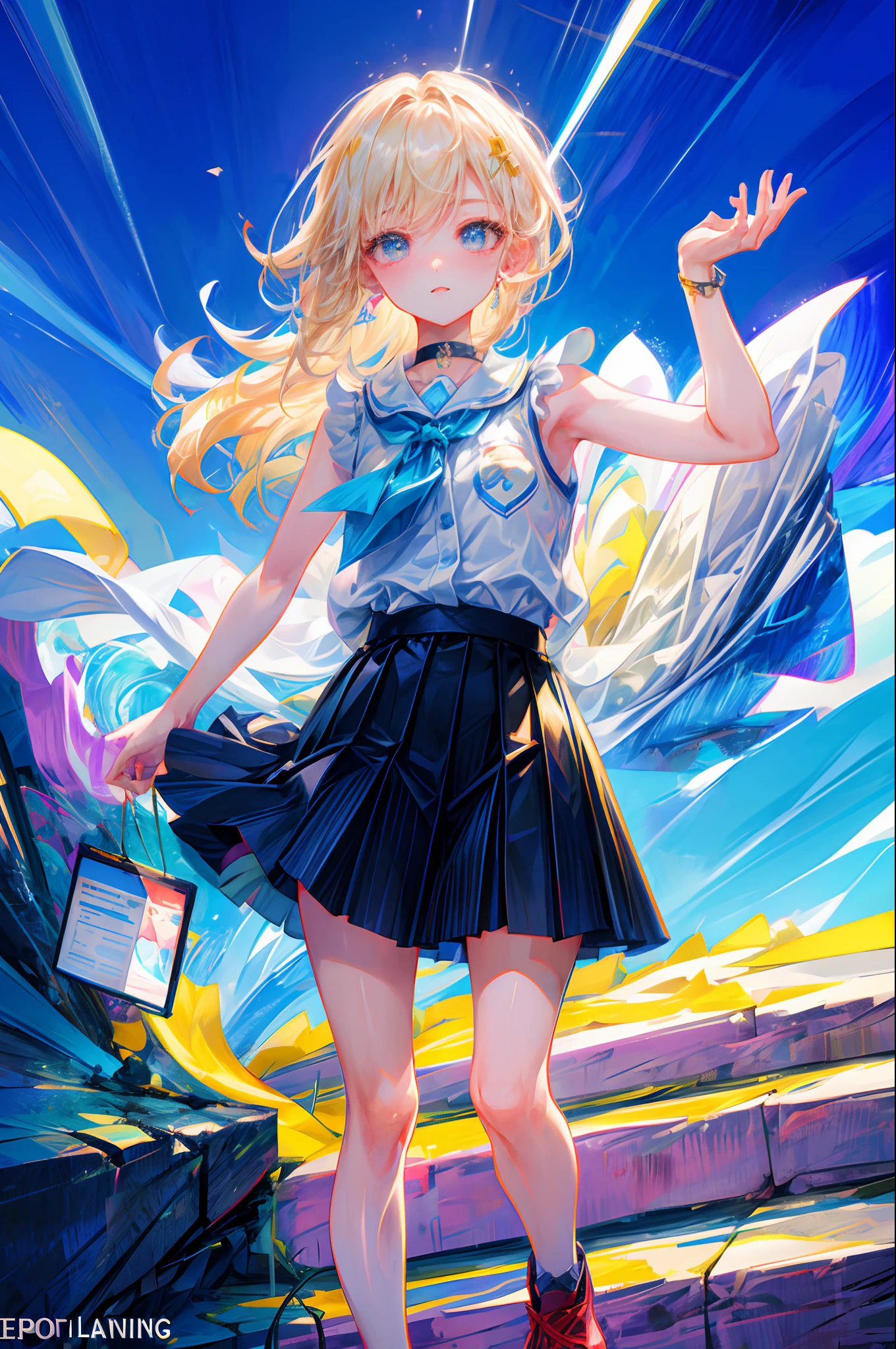 Top quality, ultra high resolution, (photorealistic: 1.4), one woman, sleeveless white button shirt, black skirt, black choker, cute, (Kpop Idol), (charming: 1), (platinum blonde hair: 1), (puffy eyes)), looking at the viewer, the whole body, facing forward
