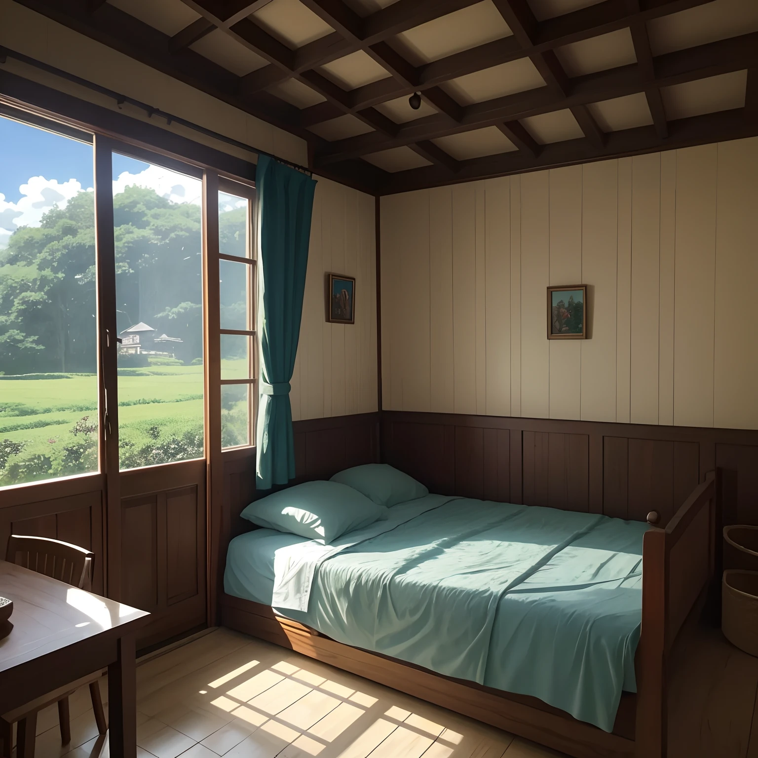 There is a painting of a room with a bed and a window, um quarto ensolarado, Quarto em Studio Ghibli, Studio Ghibli Sunshine, detailed cenary, arte de fundo do anime, Anime Beautiful Peaceful Scene, paisagem campestre anime, fundo do quarto , bela cena de anime, abrir janela de fundo ib, bela cena de anime