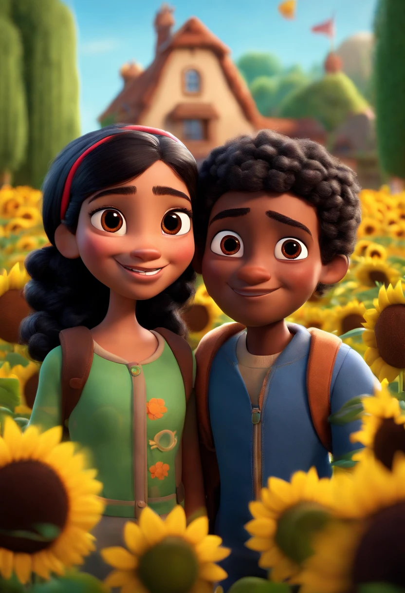 Create a Disney PIXAR-style 3D poster. ((center of image, Triplets)), ((1 father, 1 mother)), ((father has short black hair, mother wearing hijab headscarf moslem)), ((3 children)) ((1 boy in the middle and 2 girls on the side, They're hugging each other, The boy has brown skin and dark black hair and dark brown eyes, 1 girl has light skin, dark, curly eyes and hair, and the other girl has dark skin, dark eyes and dark, straight black hair)) ((all this in Disney PIXAR 3D style, In the background, A house of sunflowers, Gloria Studio , The garden is full of nature 3D render RTX clay material, cartoonish design style, POP Mart, soft lighting, smooth lines, Spring tilt, Detailed illustrations of PIXAR 3D, Hyper-realistic details, warm color in Disney PIXAR 3D style))