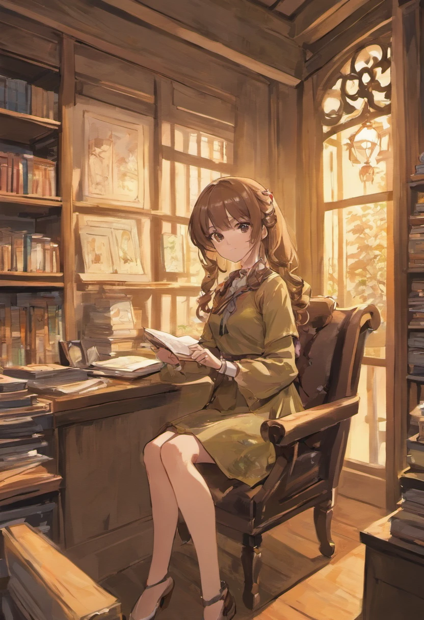 full height, soft complexion, European, woman, aristocrat, with brown hair, with elongated bangs, with bright brown eyes, in a light shirt with lantern sleeves, a long straight skirt, sitting in an office chair with a stack of books and papers, a garden outside the window