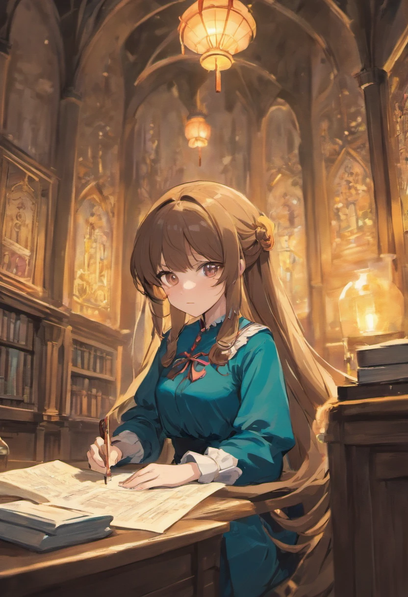 full height, soft complexion, European, woman, aristocrat, with brown hair, with elongated bangs, with bright brown eyes, in a light shirt with lantern sleeves, a long straight skirt, sitting in an office chair with a stack of books and papers, a garden outside the window