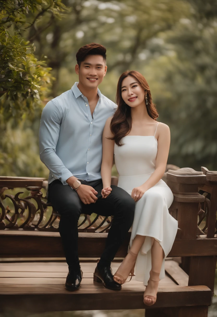 They're sitting on a bench together on a wooden deck, Tyler Edlin e Natasha Tan, Ruan Jia e Brom, Ruan Jia e Fenghua Zhong, Jordan Grimmer e Natasha Tan, Lovely couple, 🤬 🤮 💕 🎀, 2 9 anos, Ruan Jia e Mandy Jurgens, 2 8 anos, pose de casal, Casal feliz