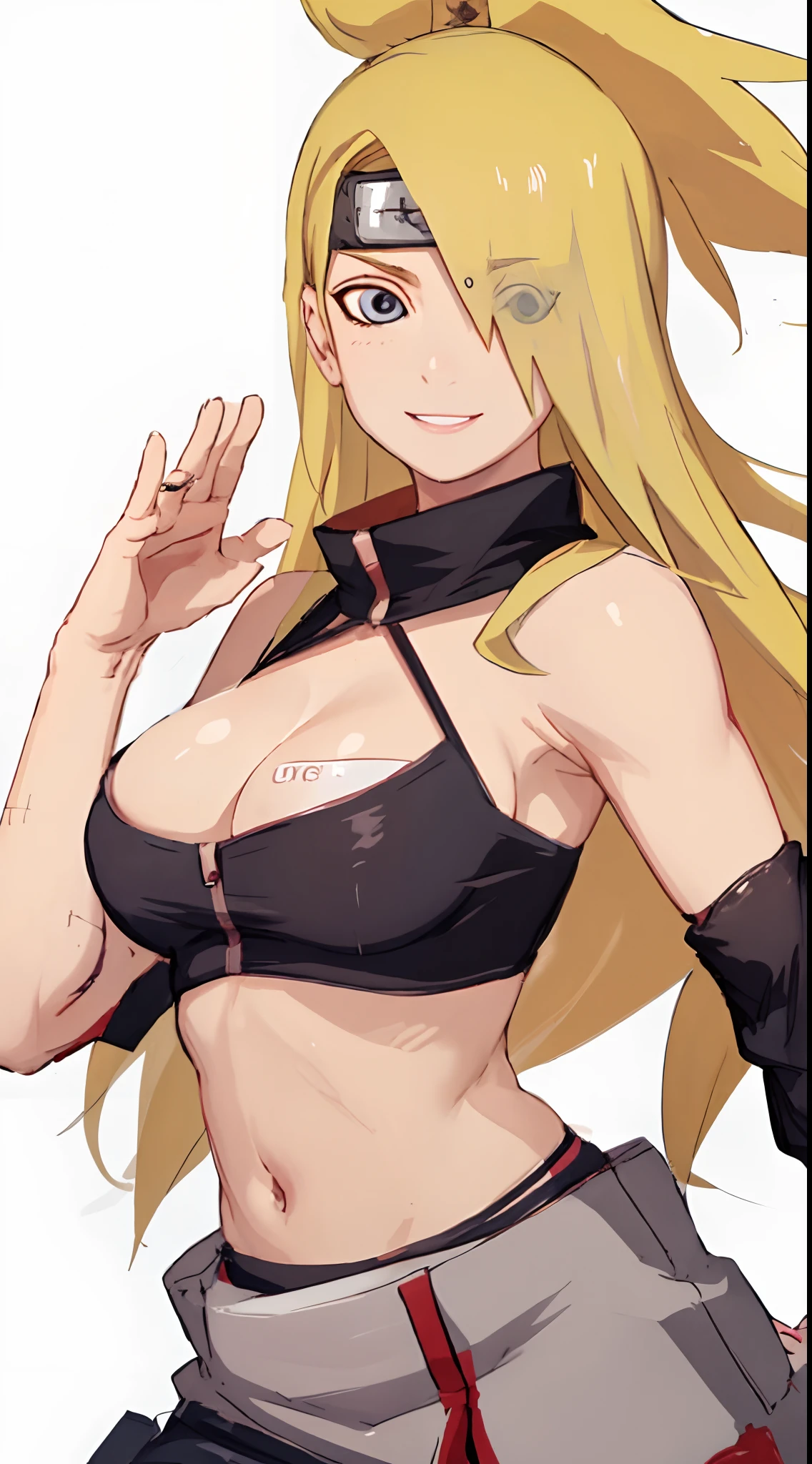one-girl,Large breasts,sportrait,upperbody closeup,cleavage,ssmile,looks into camera,Deidara,Solo