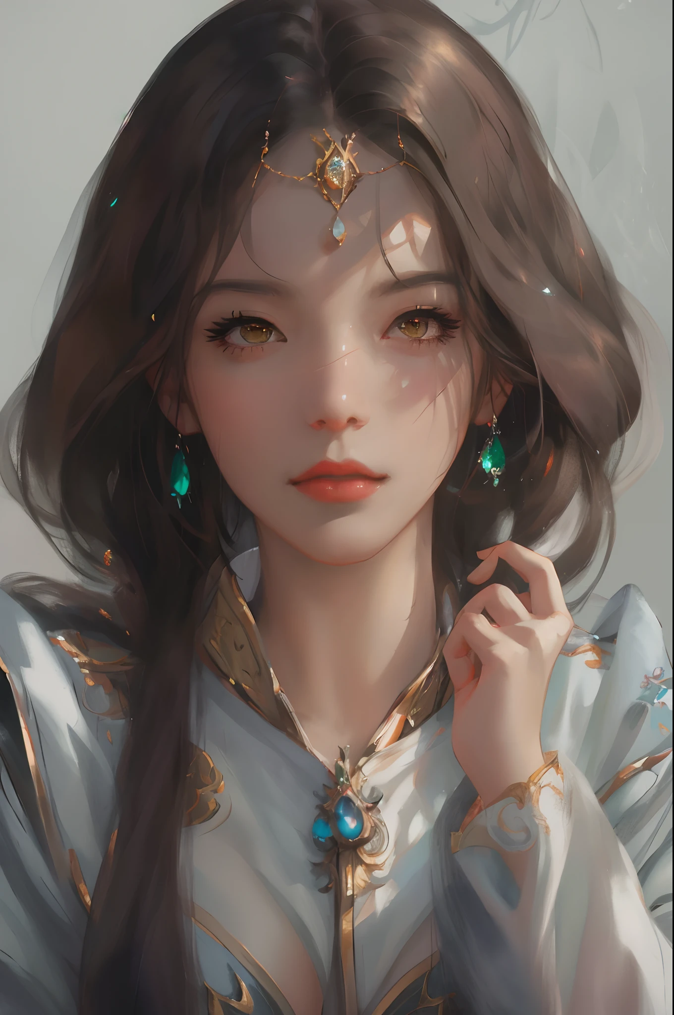 Close-up of a woman wearing gold ornaments on her head,closeup cleavage，Close-up of female characters，A delicate face，Clear faces，Clear facial contours, and the perfect Guwitz style artwork, Guviz, 8K Artgerm bokeh, 8K high quality detailed art, ((a beautiful fantasy empress)), 4k highly detailed digital art, guweiz masterpiece, Inspired by WLOP, Ross Tran 8 K, A beautiful artwork illustration