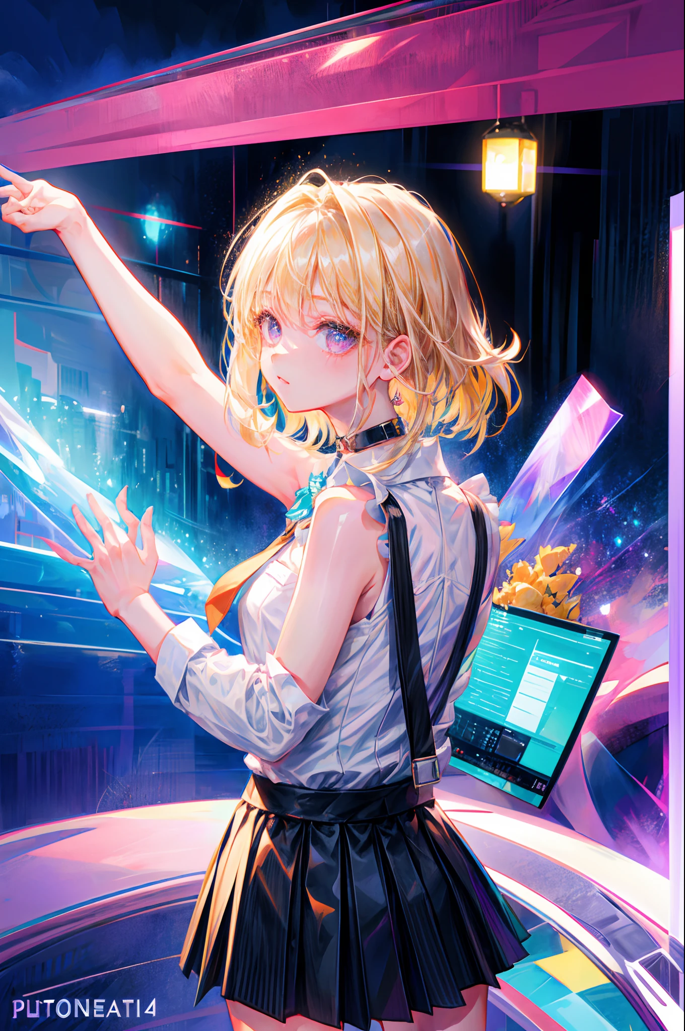 Top quality, ultra high resolution, (photorealistic: 1.4), one woman, sleeveless white button shirt, black skirt, black choker, cute, (Kpop Idol), (charming: 1), (platinum blonde hair: 1), (puffy eyes)), looking at the viewer, the whole body, facing forward
