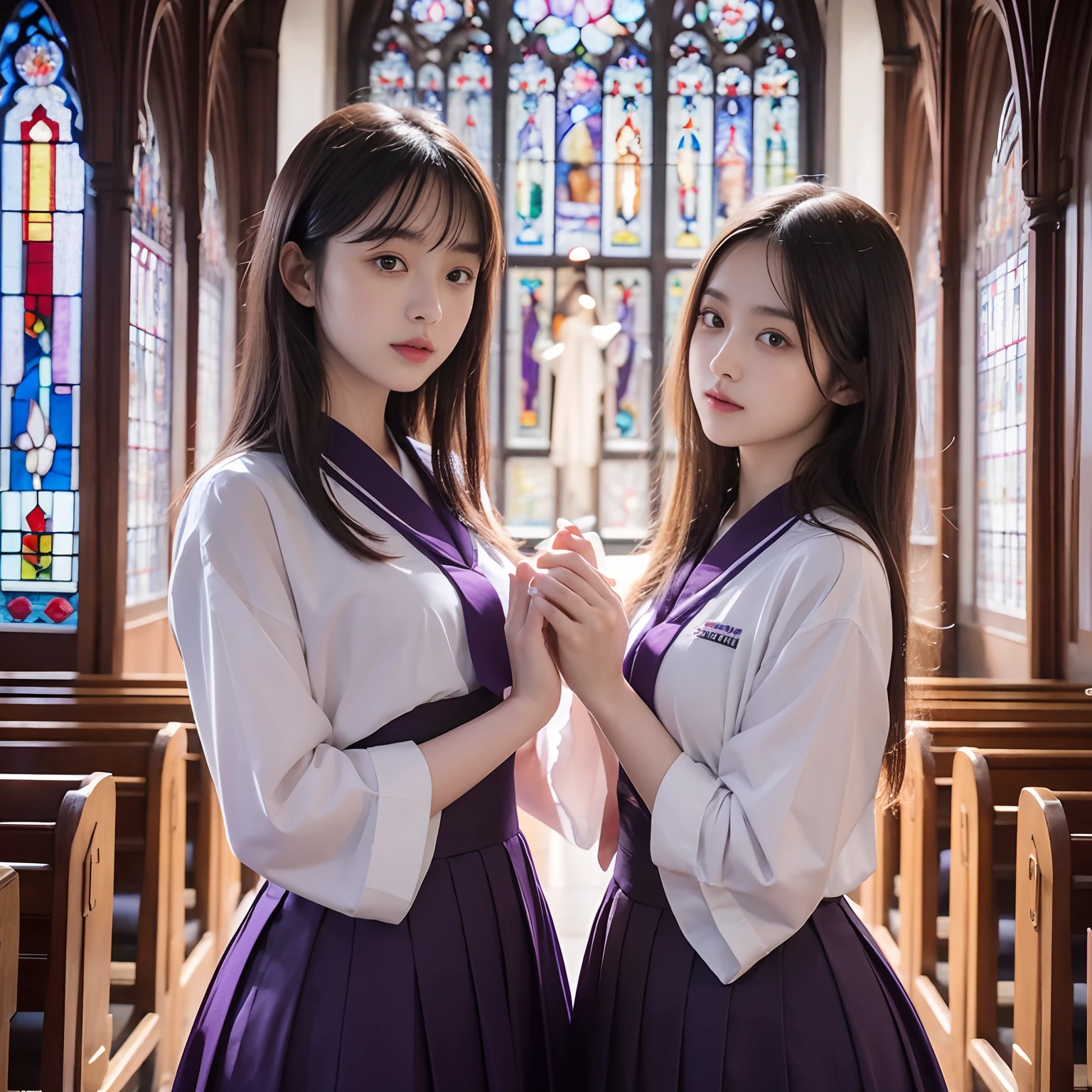 two womens,8 head body,japanes,Different uniforms,pupils,17 age,18year old,Touching each other's hair,A dark-haired,Semi-long,Long,Nogizaka46,Keyakizaka46,Stained glass with purple gradient,Beautiful church,8K,top-quality,highest details