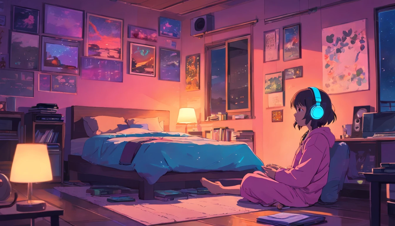 Girl sitting listening to music in a cozy room at night, Usando fones de ouvido, Anime estilo 2D, Lo-fi, disco Rigido, Ambiente escuro,******, cabelo marrom, olhos pretos, pele parda, 12-year-old child, vestindo um pijama rosa no shopping European hippie girl meditating in her room, Dreaming, Wear headphones, night lights, Neon landscape on a rainy day, Analog Color Theme, Lo-Fi Hip Hop , Retrospective, Flat, 2.5D ,Draw a line, Ink drawing, Large gradient, Watercolor painting, Goosch color, Studio Ghibli style, Awesome colorful, Outer Ton, Krautlock, lofi art, 70s style,Old textures, amplitude,Psychedelic atmosphere, masutepiece, Incredible technology,Girl listening to music in cozy room at night, Use headphones, 2D style anime, lo fi, hard disk, dark environment