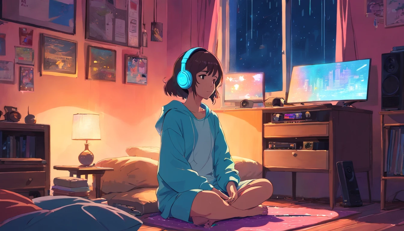 Girl sitting listening to music in a cozy room at night, Usando fones de ouvido, Anime estilo 2D, Lo-fi, disco Rigido, Ambiente escuro,******, cabelo marrom, olhos pretos, pele parda, 12-year-old child, vestindo um pijama rosa no shopping European hippie girl meditating in her room, Dreaming, Wear headphones, night lights, Neon landscape on a rainy day, Analog Color Theme, Lo-Fi Hip Hop , Retrospective, Flat, 2.5D ,Draw a line, Ink drawing, Large gradient, Watercolor painting, Goosch color, Studio Ghibli style, Awesome colorful, Outer Ton, Krautlock, lofi art, 70s style,Old textures, amplitude,Psychedelic atmosphere, masutepiece, Incredible technology,Girl listening to music in cozy room at night, Use headphones, 2D style anime, lo fi, hard disk, dark environment