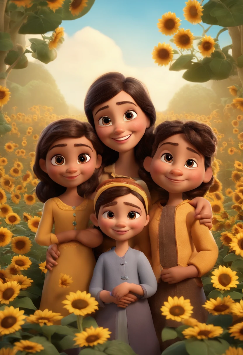 Create a Disney PIXAR-style 3D poster. ((centro da imagem, Triplets)), ((1 pai, 1 mother)), ((pai tem cabelo preto curto, Mom Wearing Hijab Headscarf Moslem)), ((3 children)) ((1 no meio e 2 meninaado, They're hugging each other, O menino tem pstanha e cabelos pretos escuros e olhos castanhos escuros, 1 menina tem pele clscuro, olhos e cabelos cacheados, e a outra menina tem pele escura, escuros e escuros, cabelo preto liso)) ((tudo isso no estilo Disney PIXAR 3D, In the background, A house of sunflowers, Gloria Studio , The garden is full of nature 3D render RTX clay material, estilo de design cartunesco, POP Mart, soft lighting, linhas suaves, Spring tilt, Detailed illustrations of PIXAR 3D, Detalhes hiper-realistas, cor quente no estilo Disney PIXAR 3D))