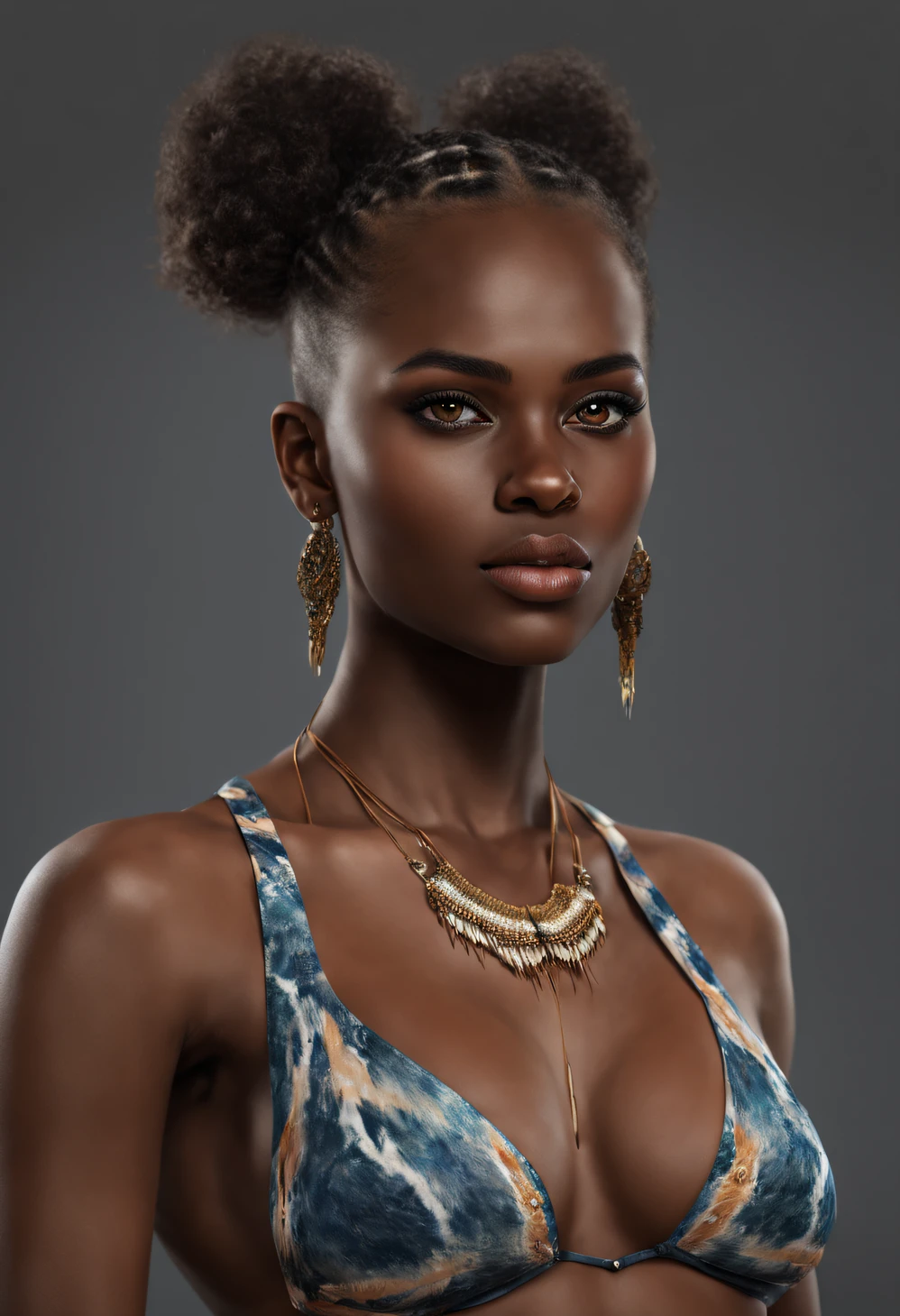 Realstic, 8k, 1fille, longs poils blancs noirs queue de cheval, africain, heterochromic eyes, moles under the eyes, thick eyebrows, bikini transparent,...