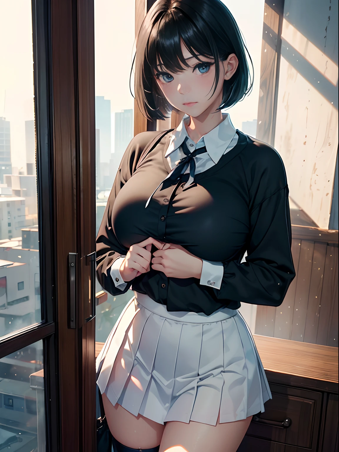 absurdres, RAW photo, extremely delicate and beautiful, masterpiece, Best Quality, ultra high resolution, 32k, hyperrealistic, ultra-detailed, perfect figure, in her 20s, very small head, very small face, delicate facial features, tearful mole, earring, huge breasts, legs, full body shot, medium hair, black hair, Colored inner hair, sweat, school_uniform,