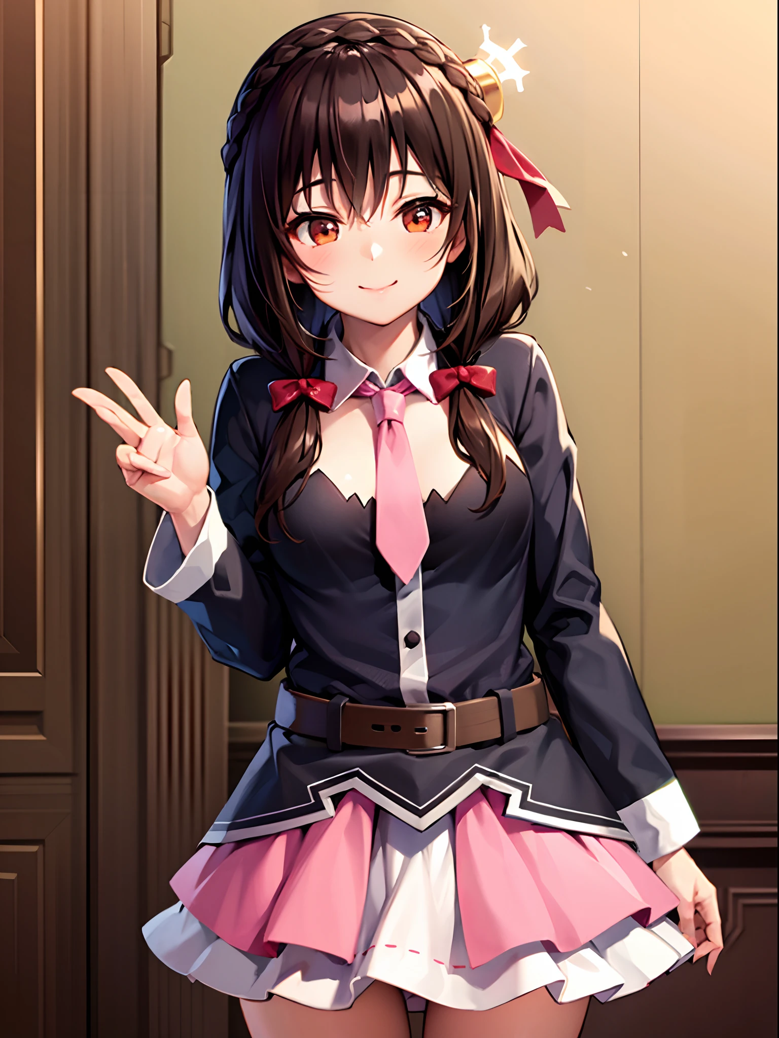 top-quality、yunyun, 1girl in, Akame, 独奏、front-facing view, red blush,Yun Yun is cute no matter who you look at、cute smile face、neck tie, skirt by the, Braids, length hair, Pink tie, a belt, hair adornments, A dark-haired, Hair Bow, Crown braid, long-sleeve, brown haired, Twin-tailed、kawaii