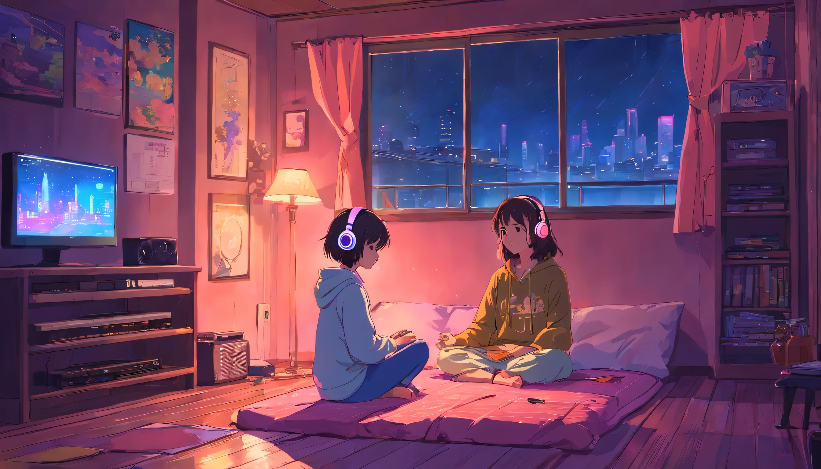 Girl sitting listening to music in a cozy room at night, Usando fones de ouvido, Anime estilo 2D, Lo-fi, disco Rigido, Ambiente escuro,Menina, cabelo marrom, olhos pretos, pele parda, 12-year-old child, vestindo um pijama rosa no shopping European hippie girl meditating in her room, Dreaming, Wear headphones, night lights, Neon landscape on a rainy day, Analog Color Theme, Lo-Fi Hip Hop , Retrospective, Flat, 2.5D ,Draw a line, Ink drawing, Large gradient, Watercolor painting, Goosch color, Studio Ghibli style, Awesome colorful, Outer Ton, Krautlock, lofi art, 70s style,Old textures, amplitude,Psychedelic atmosphere, masutepiece, Incredible technology,Girl listening to music in cozy room at night, Use headphones, 2D style anime, lo fi, hard disk, dark environment