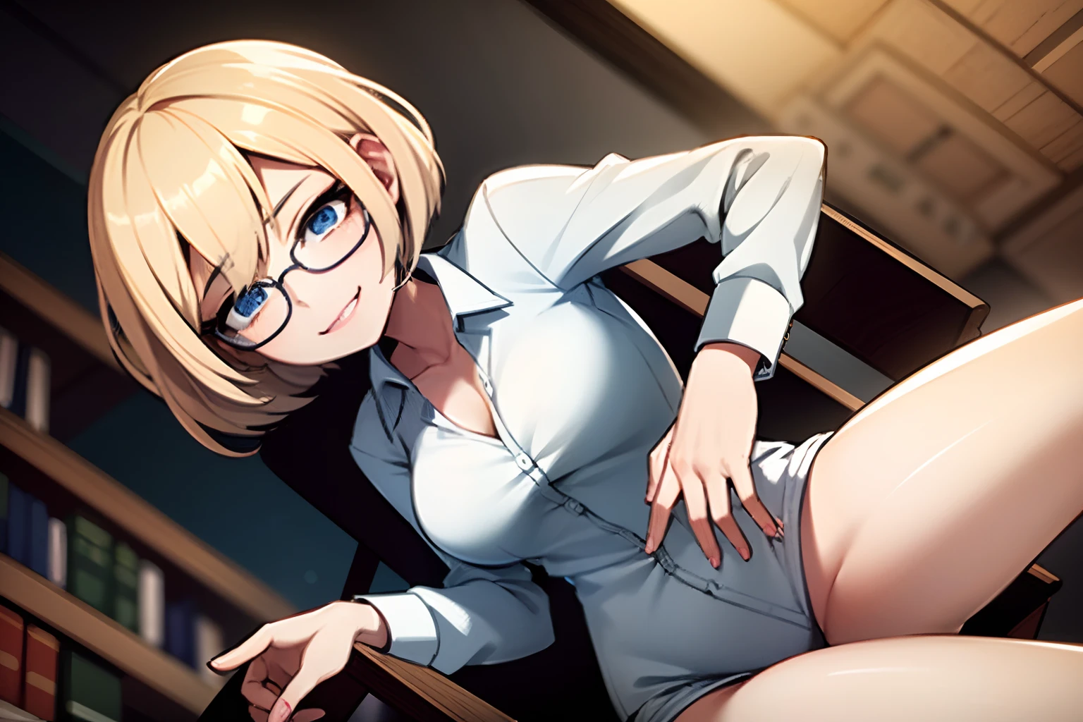 One Young girl, bob haircut, blond hair, blue eyes, with glasses, in a library, librarian outfits, white button-down shirt, sensual smile, ahegao, looking at viewer, sensual face, sitting on a chair, 4k