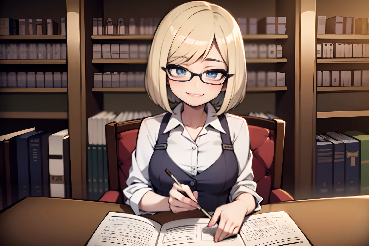 One Young girl, bob haircut, blond hair, blue eyes, with glasses, in a library, librarian outfits, white button-down shirt, sensual smile, ahegao, looking at viewer, sensual face, sitting on a chair, 4k