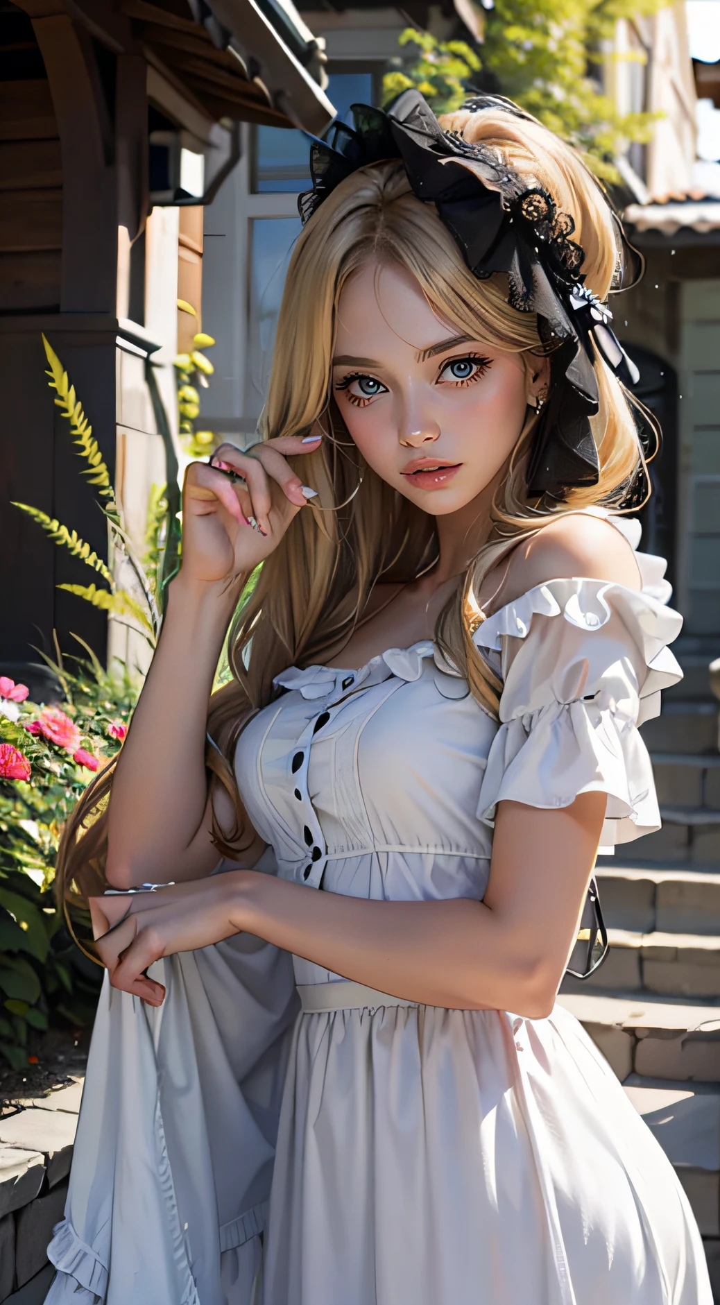 1girl, White summer costume, denim skirt, a straw fedora hat, Bare legged, blonde hair, blue eyess, full bodyesbian, Style Petals, wood background, A clear day, perfect eyes, perfect hand, 超A high resolution, Movie angle, profetional lighting, top-quality, masterpiece, side lights, sharp, Perfect focus, bokeh dof, Photorealsitic, (Fine details beautiful eyes:1.3), realisitic, (3D顔:1.1), (shinny skin:1.5), (Complex facial details in ultra-high resolution), Pores on the skin of the face、Ultra-high resolution fabric texture、8k eye details、8K pupil、