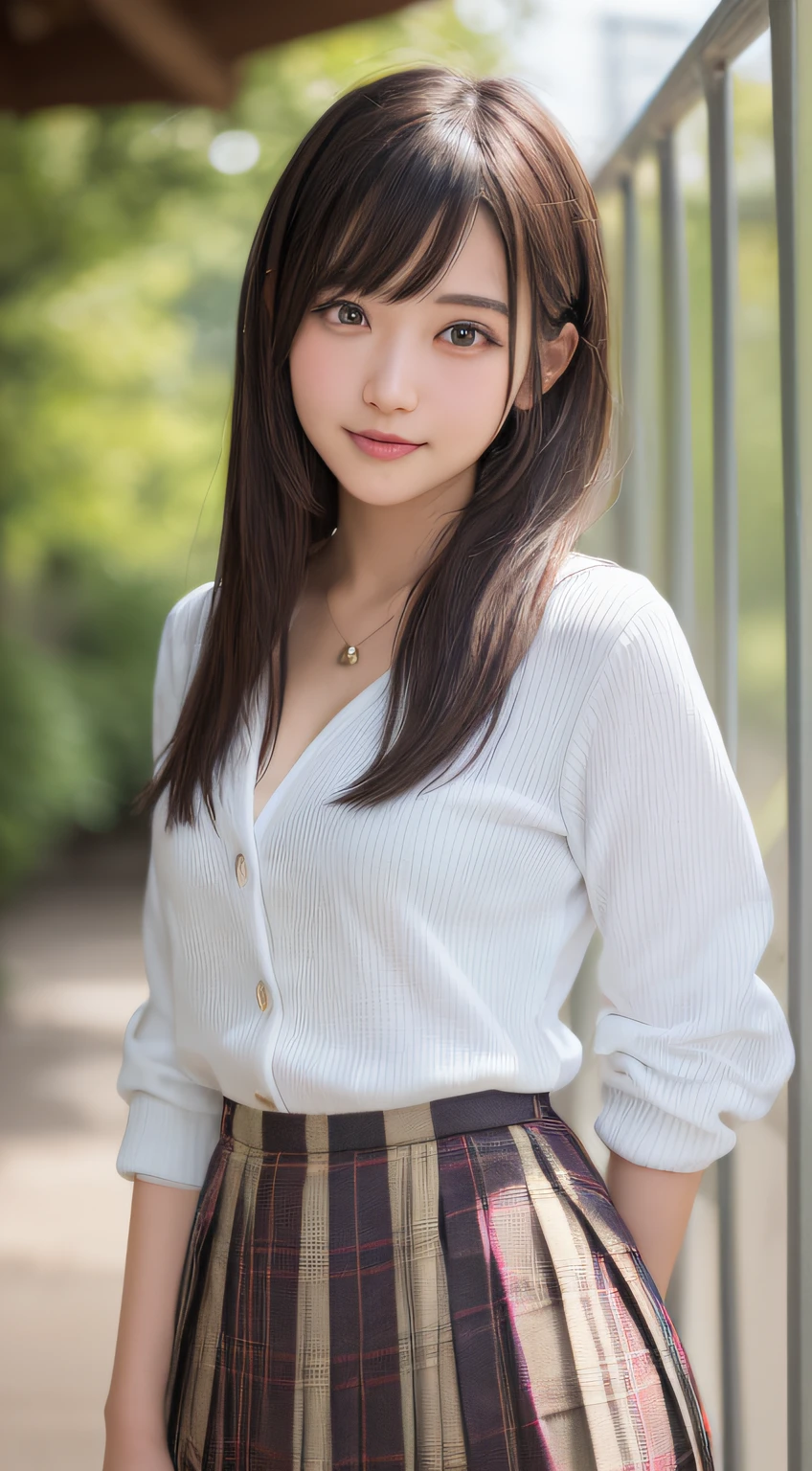Smile、natta、Raw photography、(((Ultimate Beauty Portrait)))、((glistning skin))、女の子1人、18 year old beautiful girl in Prague、bright expression、((brown haired))、(cleavage of the breast)、(Plaid pleated skirt:1.5)、((Big eyes that shine like jewels))、open cardigan、Open your clothes、panthyhose、Glossy glossy skin、(Medium Hair)、(Silky Ponytail Hair)、(is standing)、(frombelow)、Under the skirt、(Close-up of underwear from below)、eye liner、Beautiful bangs、Hair between the eyes、((masterpiece、top-quality、ultra-detailliert、Film Light、intricate-detail、hight resolution、ighly detailed))、细致背景、8KUHD、Digital SLR、Soft light、hightquality、Film grain、FujifilmXT3 、Shallow depth of field、natural soft light、Kamimei、Lush bust、college aged、I'm telling you
