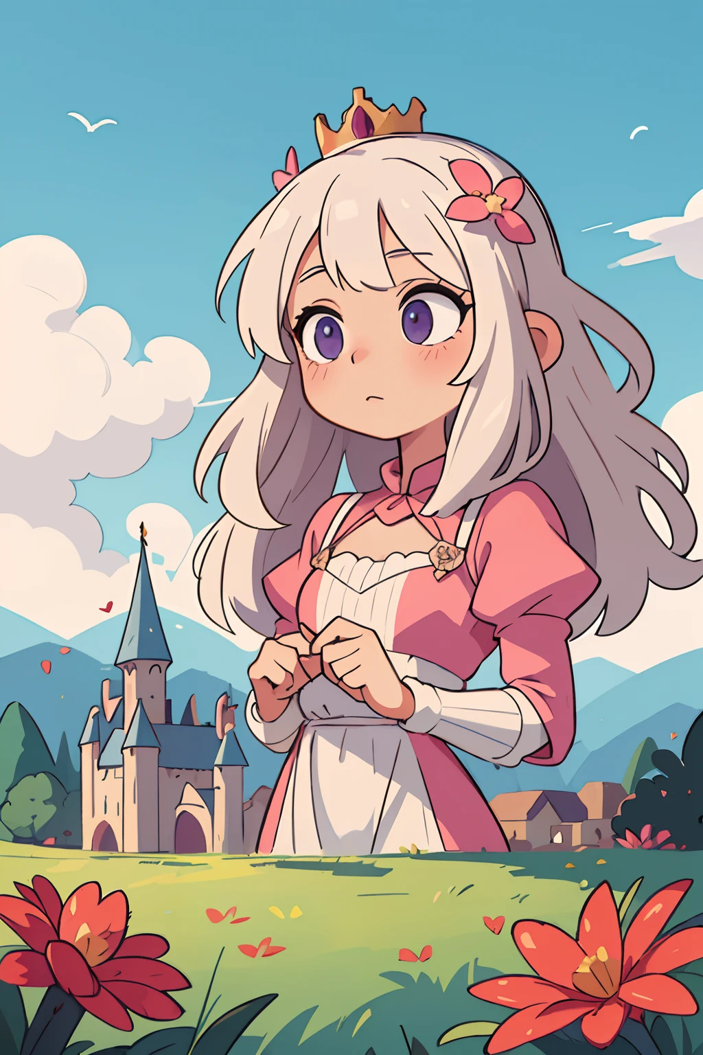 ((best quality, masterpiece)),
1girl, princess pink dress, flowers, white messy hair, outdoor, clouds on background,fantasy, medieval, castle on background