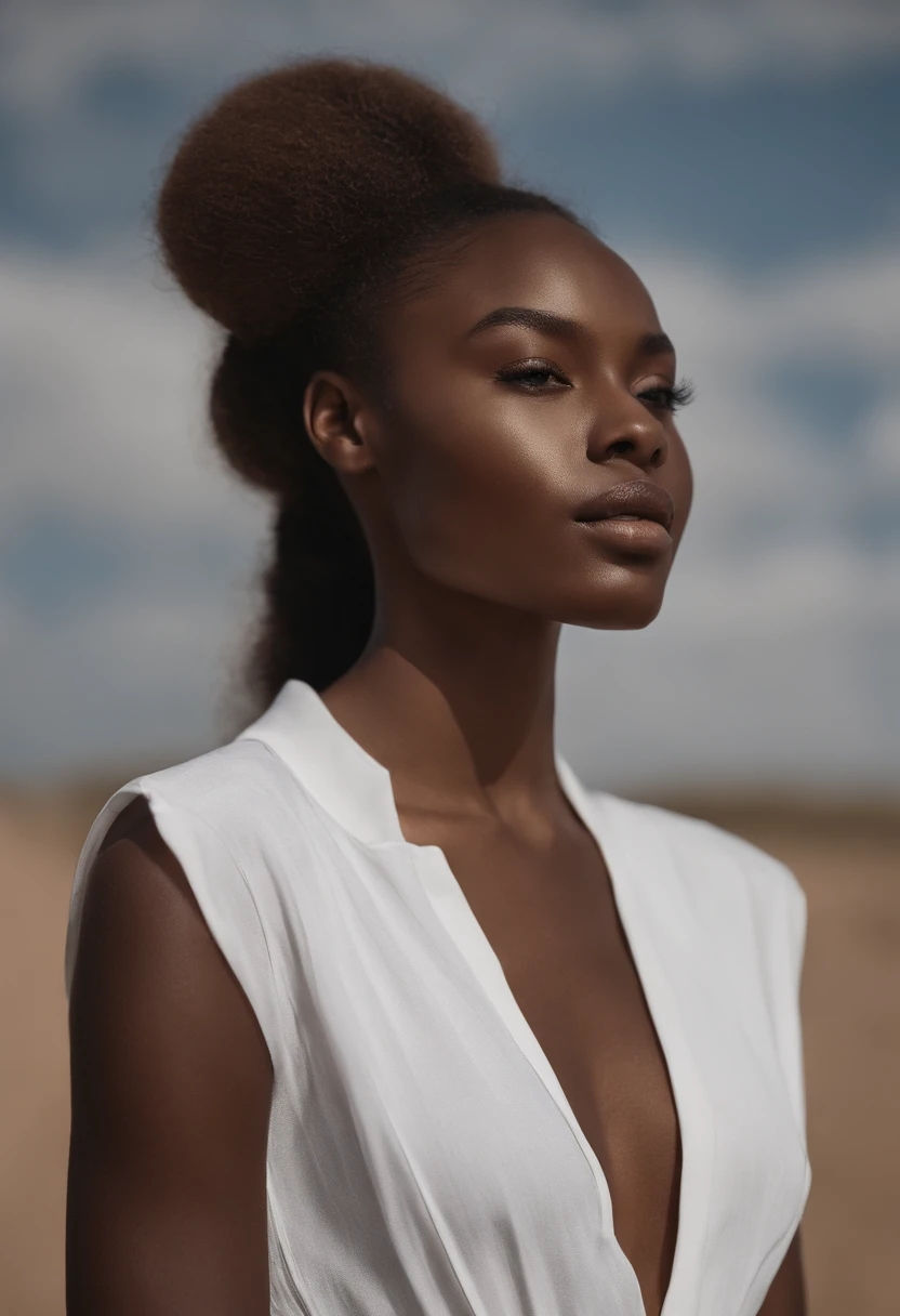 vogue photography,A 17-year-old black-skinned African model of the finest female model:1.3,((Extremely clear face:1.5),White T-shirt,D-cups,Smooth and delicate skin,Sony SLR lens,Master masterpieces,Ultra HD quality,电影灯光。