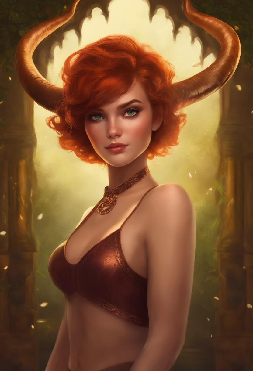 masterpiece, best quality, 1girl, stubby horns, loungewear, short hair, ruby eyes, copper hair, :o, tan skin, two-tone background, fantasy of terror