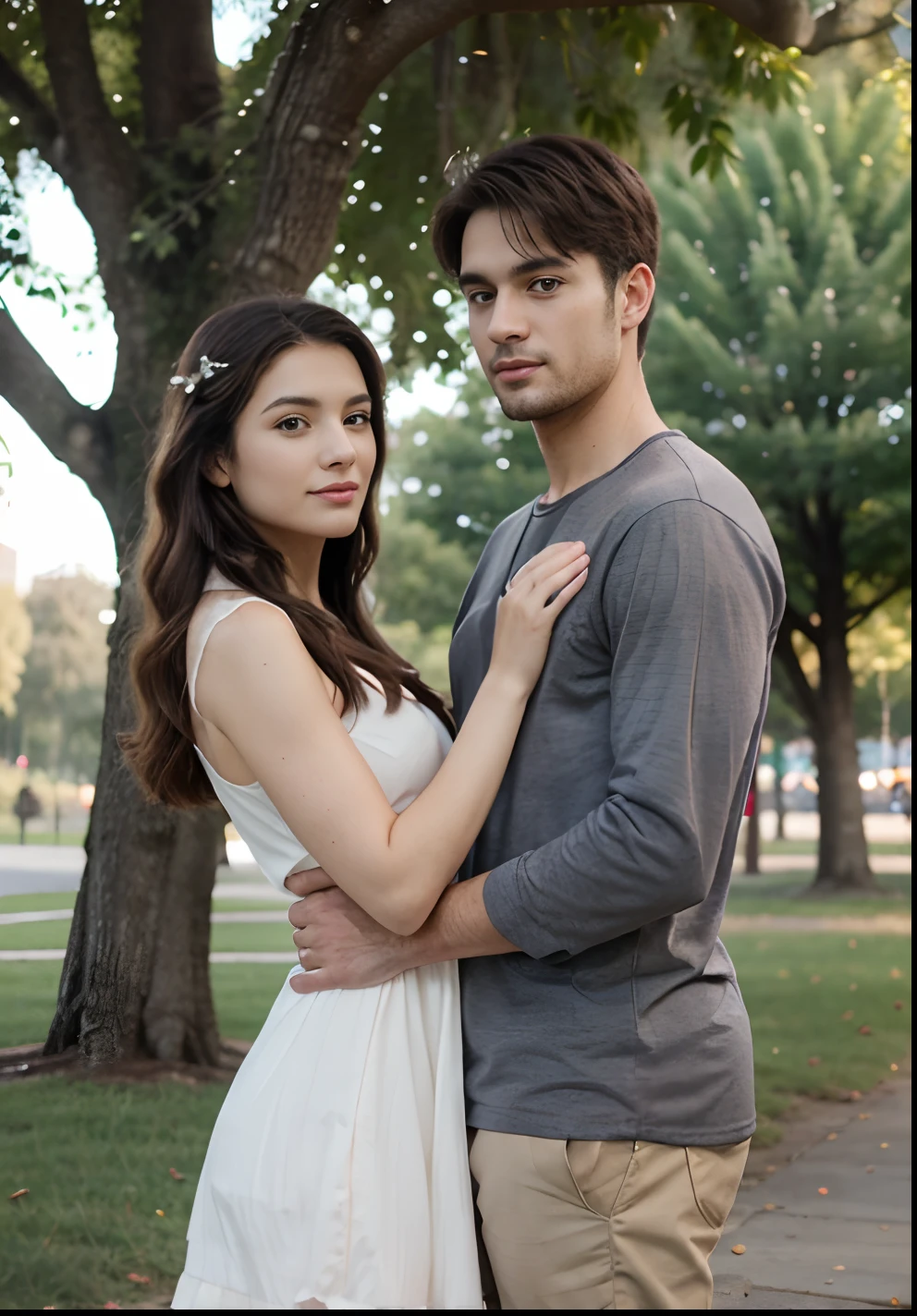 A couple standing under a tree in a park, medium shot, couple pose, realistic picture, photorealistic!!!!!!!, romantic couple, lovely couple, couple portrait, the girl wearing sexy dress