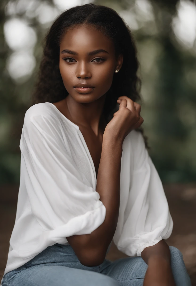 vogue photography,A 17-year-old African dark-skinned female model:1.3,((Extremely clear face:1.5),White T-shirt,D-cups,(((No cleavage:1.5))),Smooth and delicate skin,Sony SLR lens,Master masterpieces,Ultra HD quality,电影灯光。