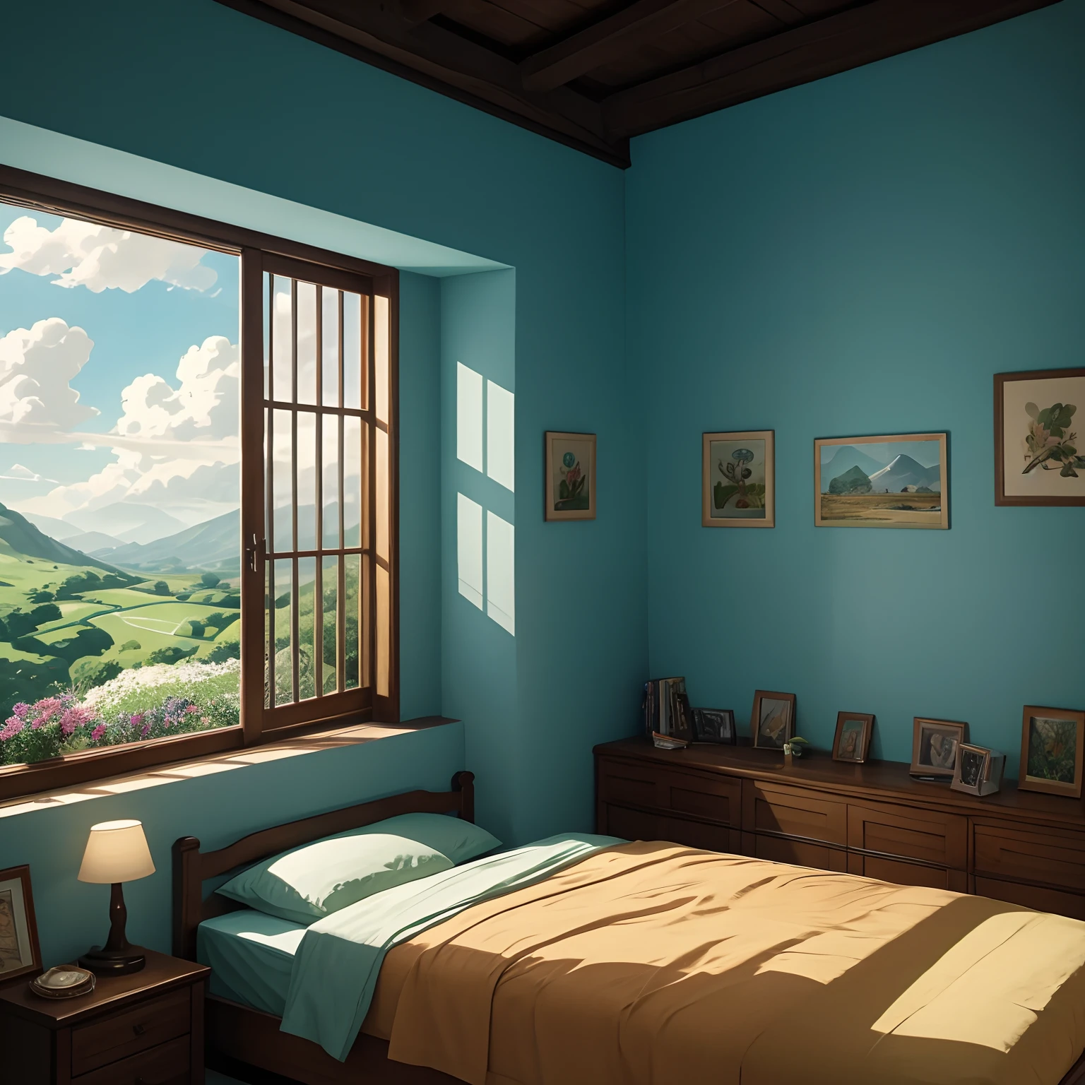 There is a painting of a room with a bed and a window, um quarto ensolarado, Quarto em Studio Ghibli, Studio Ghibli Sunshine, detailed cenary, arte de fundo do anime, Anime Beautiful Peaceful Scene, paisagem campestre anime, fundo do quarto , bela cena de anime, abrir janela de fundo ib, bela cena de anime