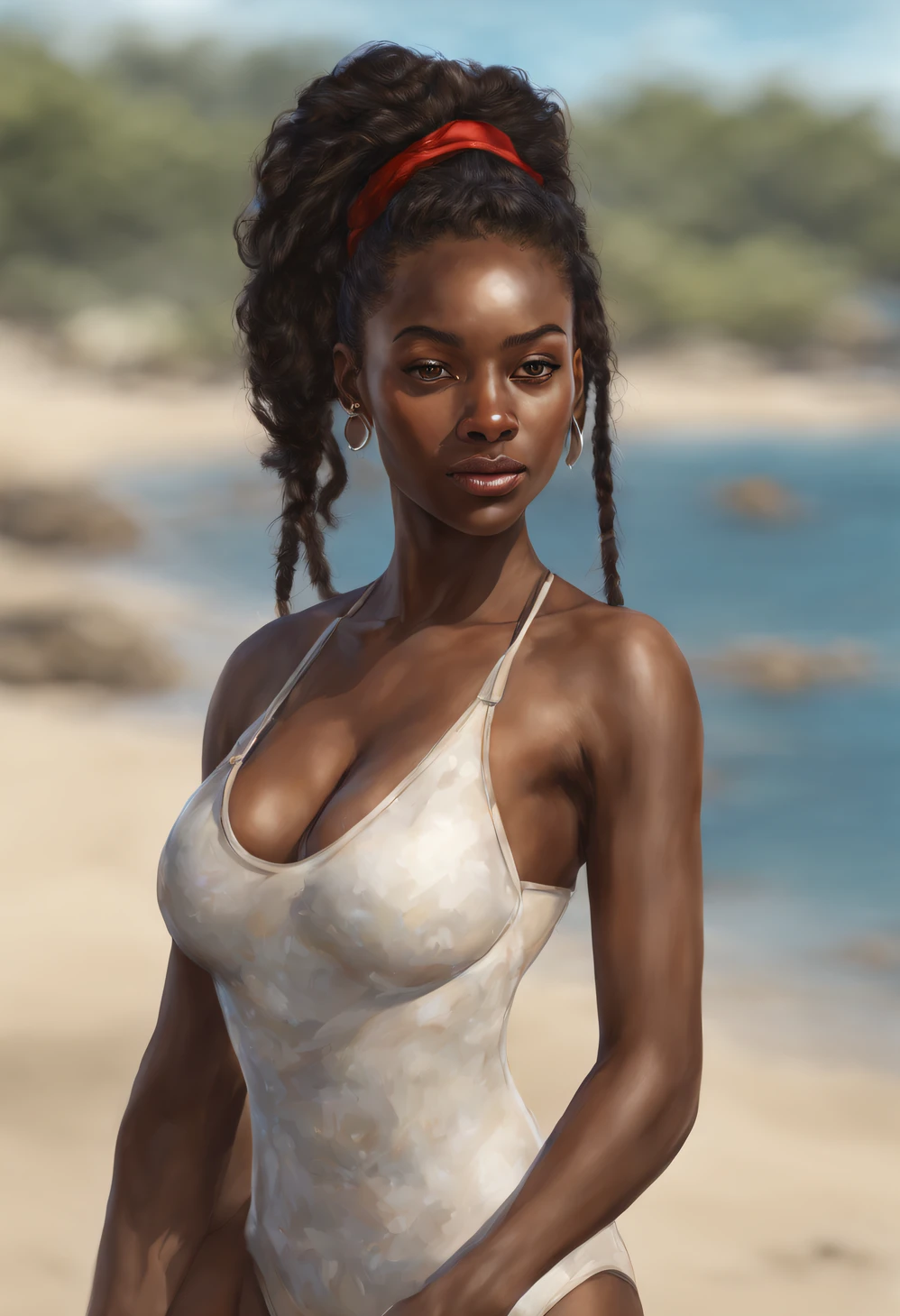 Realstic, 8k, 1fille, longs poils blancs noirs queue de cheval, africain, heterochromic eyes, moles under the eyes, thick eyebrows, bikini transparent, at the beach