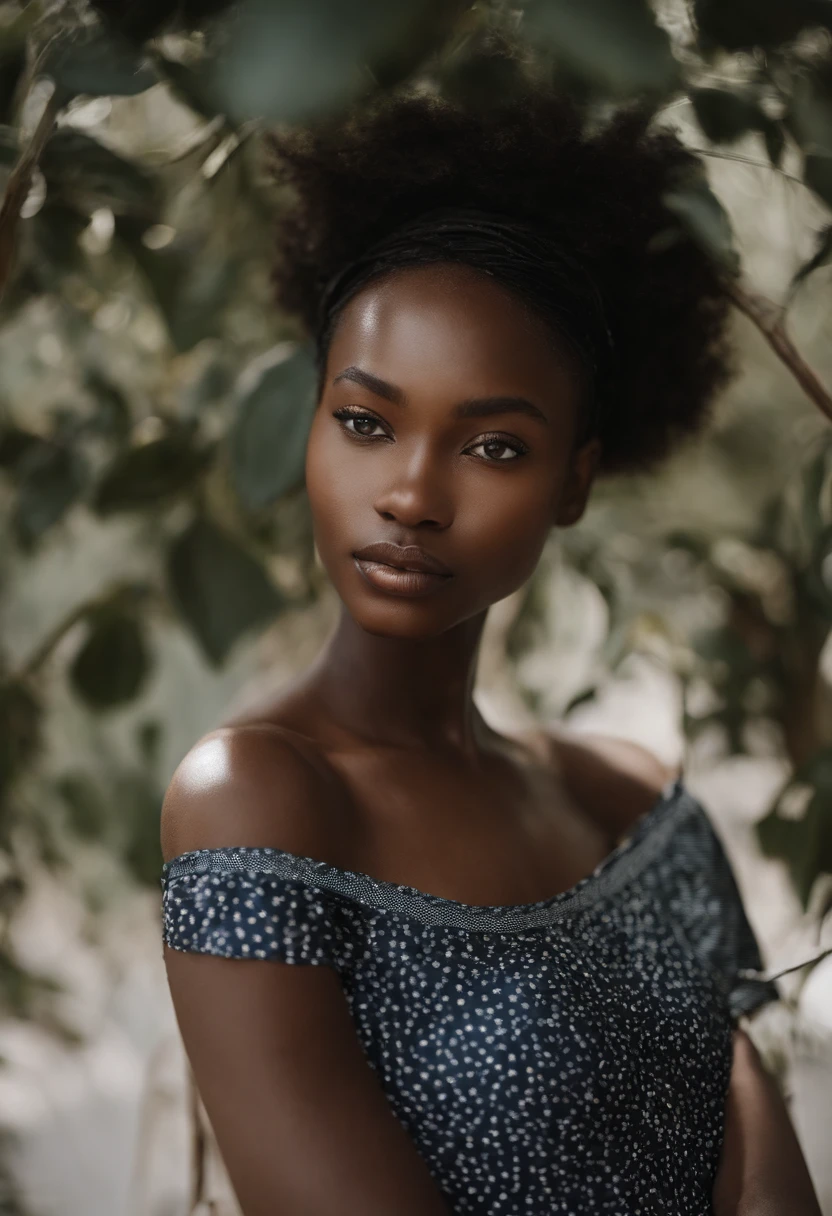 vogue photography,A -yeld Afan dark-skinned female model:1.3,((Extremely clear face:1.5),White T-shirt,D-cups,(((No show, no cleavage))),Smooth and delicate skin,Sony SLR lens,Master masterpieces,Ultra HD quality,电影灯光。