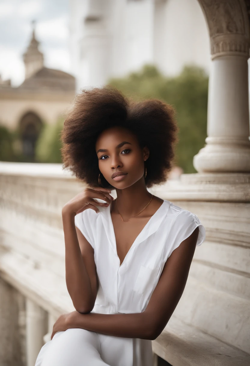 vogue photography,A 17-year-old African dark-skinned female model:1.3,((Extremely clear face:1.5),White T-shirt,D-cups,(((No show, no cleavage))),Smooth and delicate skin,Sony SLR lens,Master masterpieces,Ultra HD quality,电影灯光。